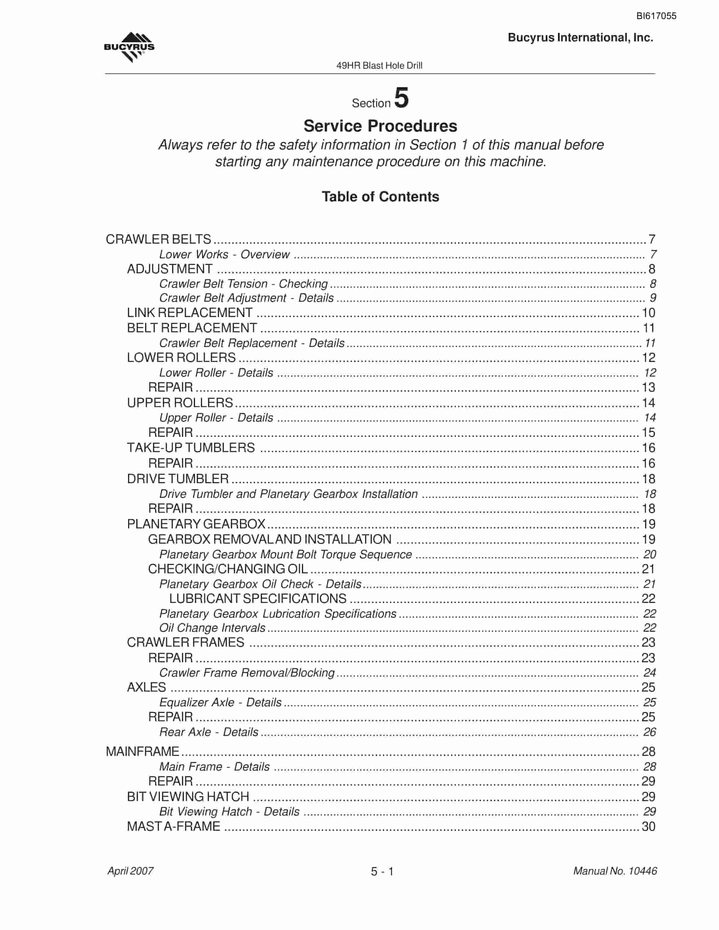 Bucyrus 49HR Blast Hole Drill Maintenance And Operation Manual BI617055-2