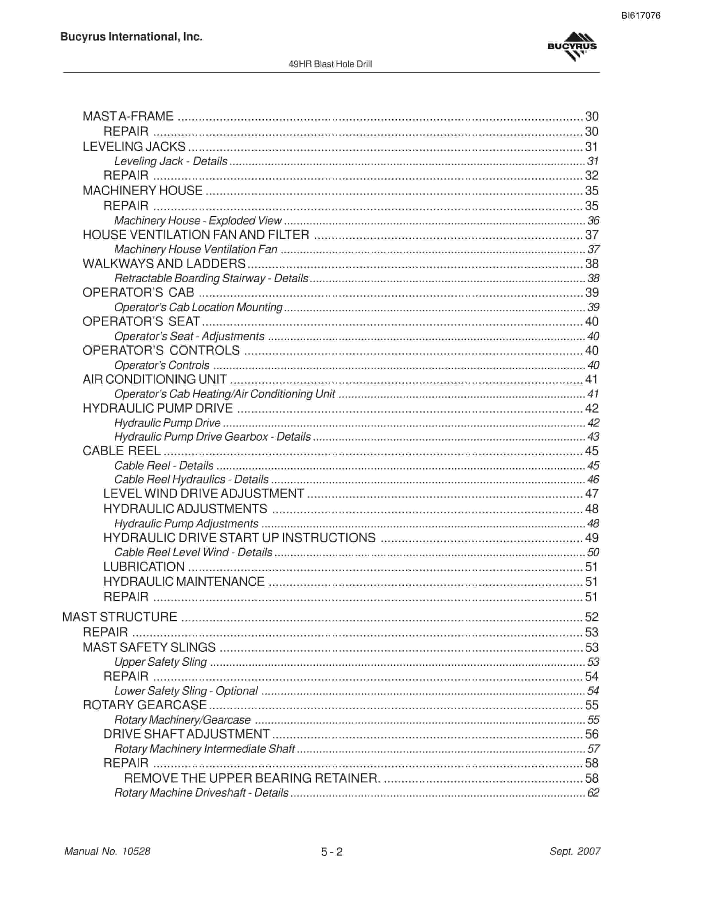 Bucyrus 49HR Blast Hole Drill Maintenance And Operation Manual BI617076-2