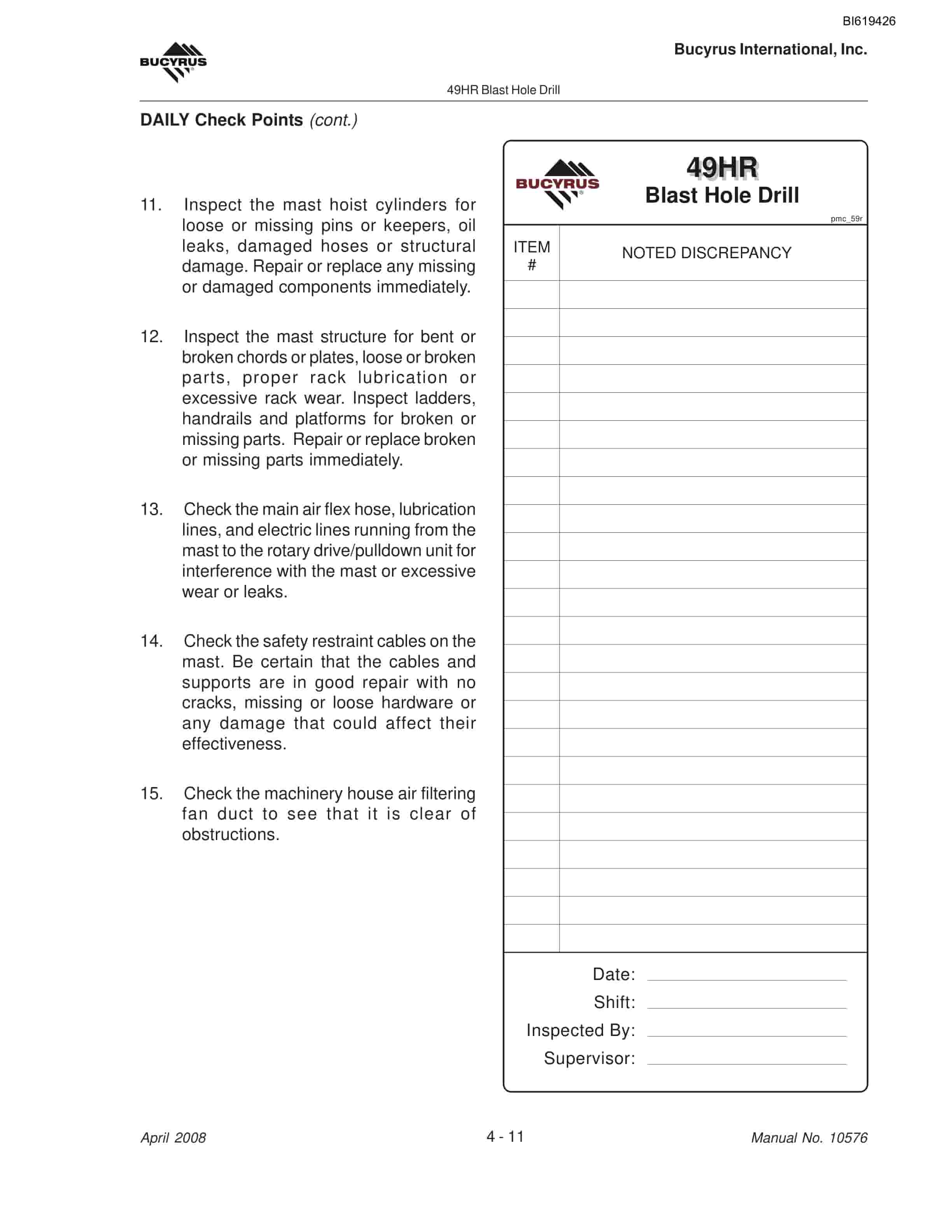 Bucyrus 49HR Blast Hole Drill Maintenance And Operation Manual BI619426-2
