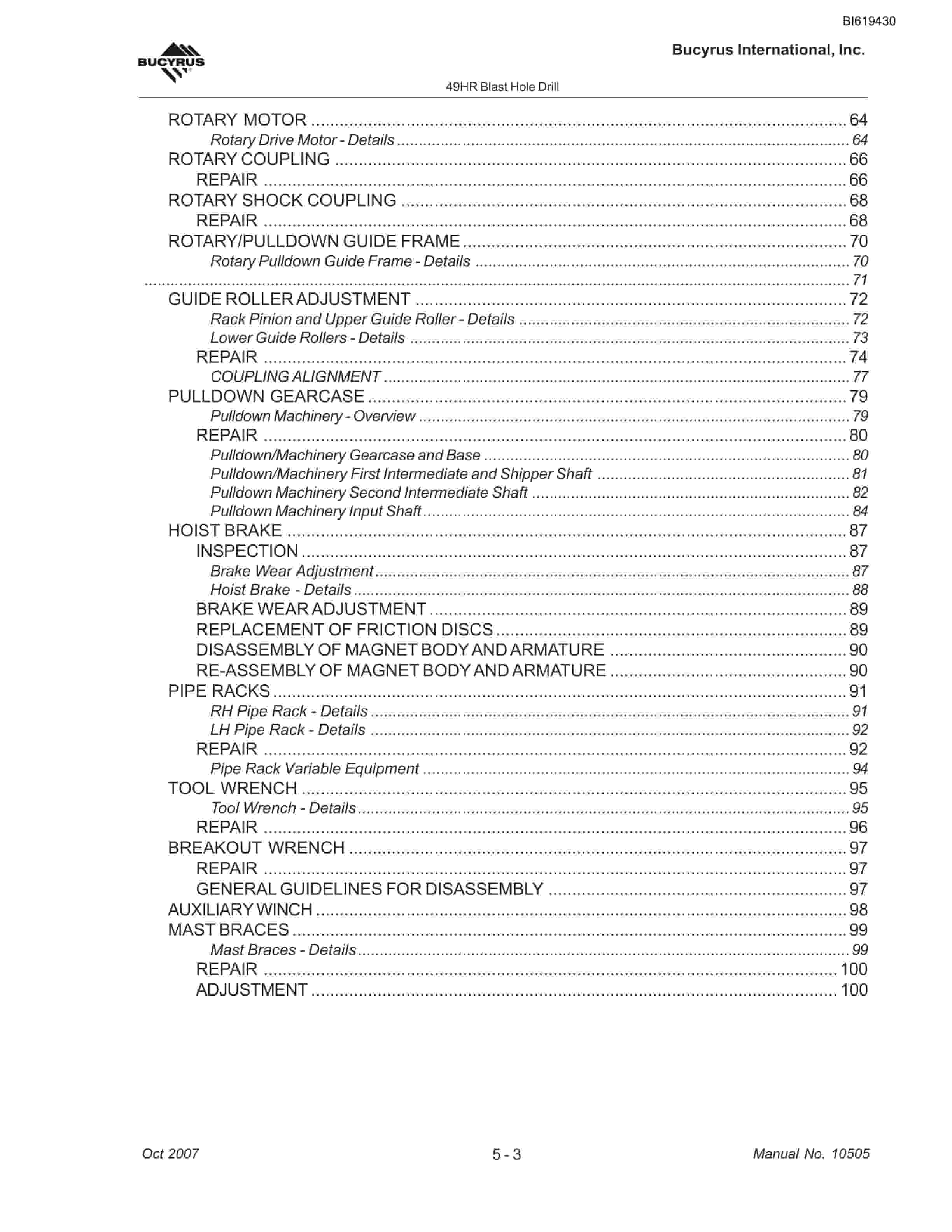 Bucyrus 49HR Blast Hole Drill Maintenance And Operation Manual BI619430-2