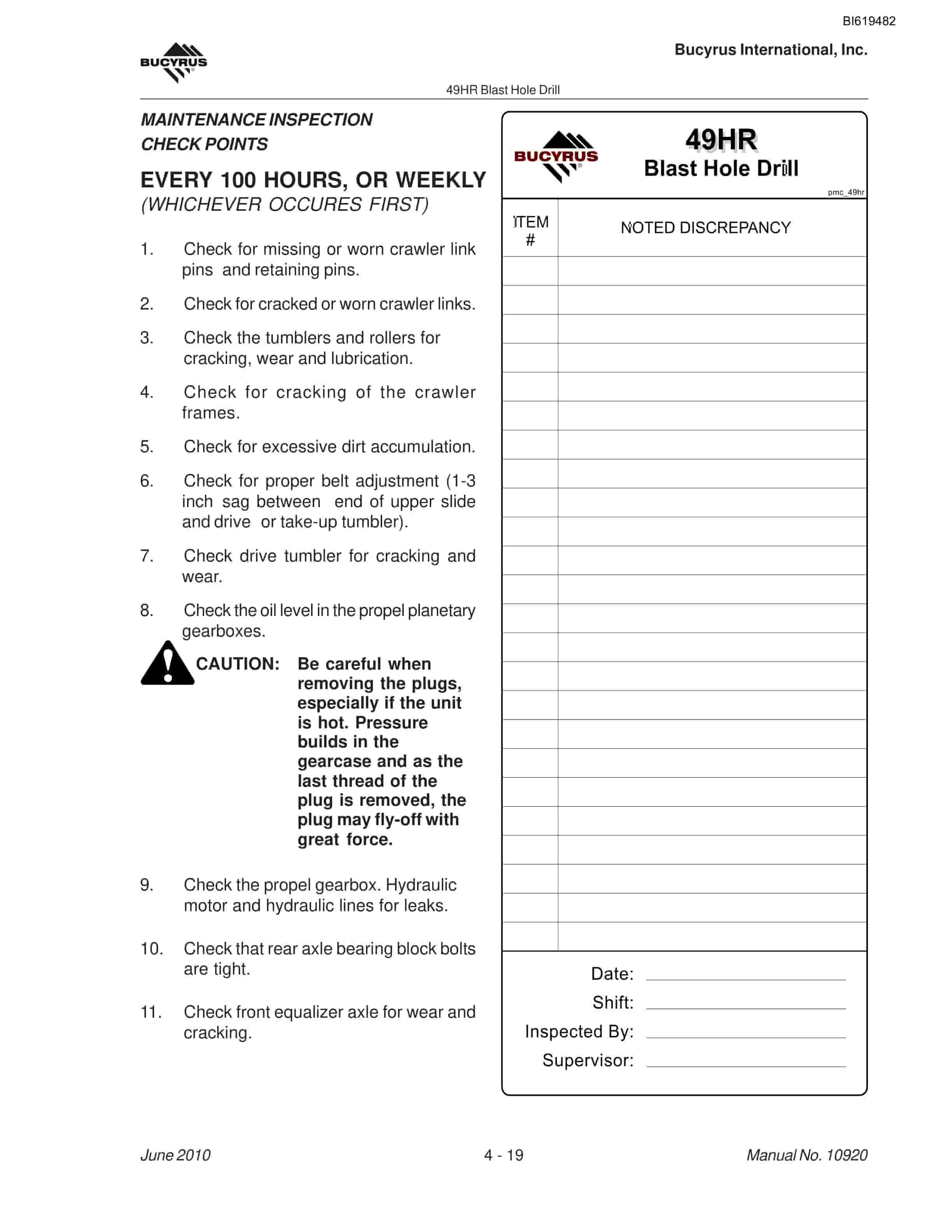 Bucyrus 49HR Blast Hole Drill Maintenance And Operation Manual BI619482-2