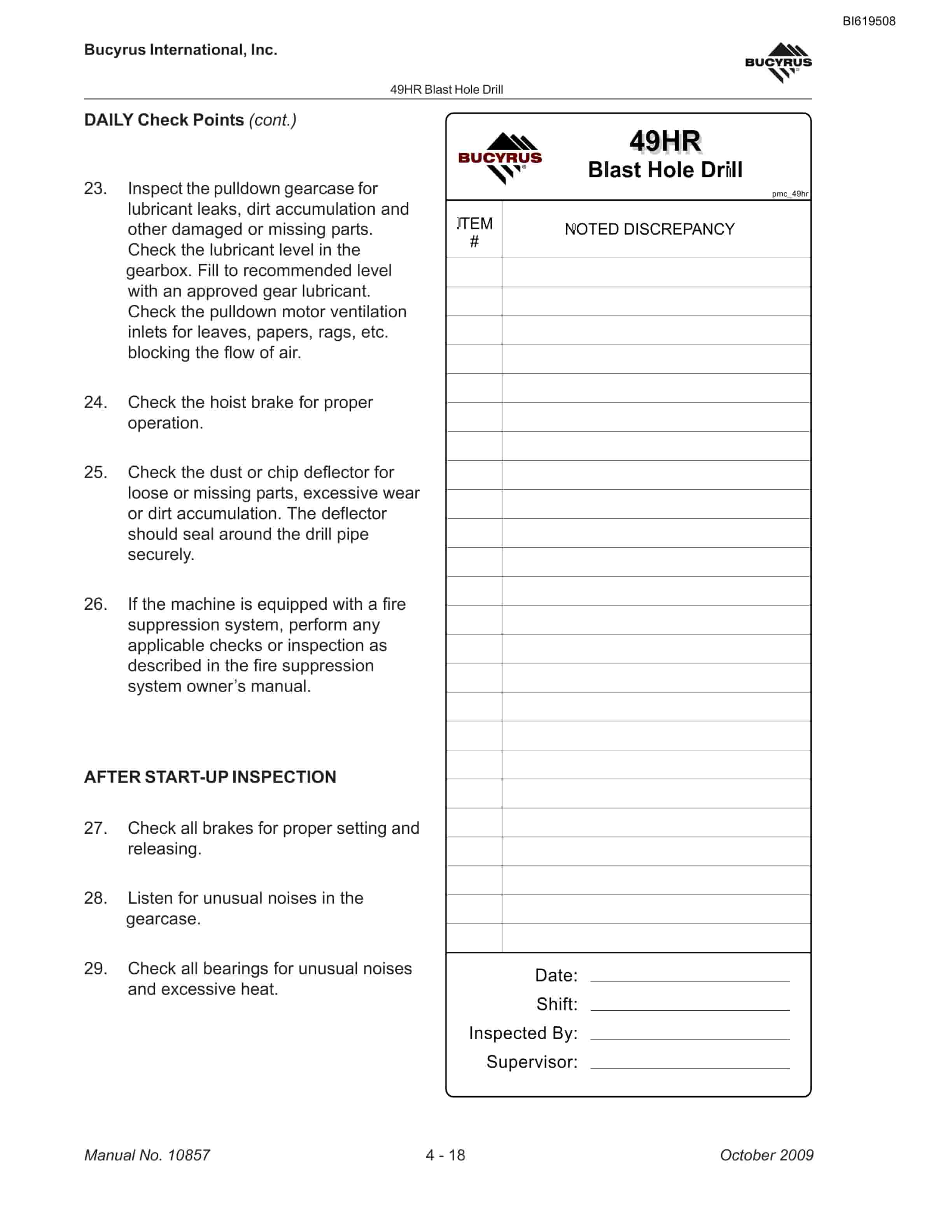 Bucyrus 49HR Blast Hole Drill Maintenance And Operation Manual BI619508-2
