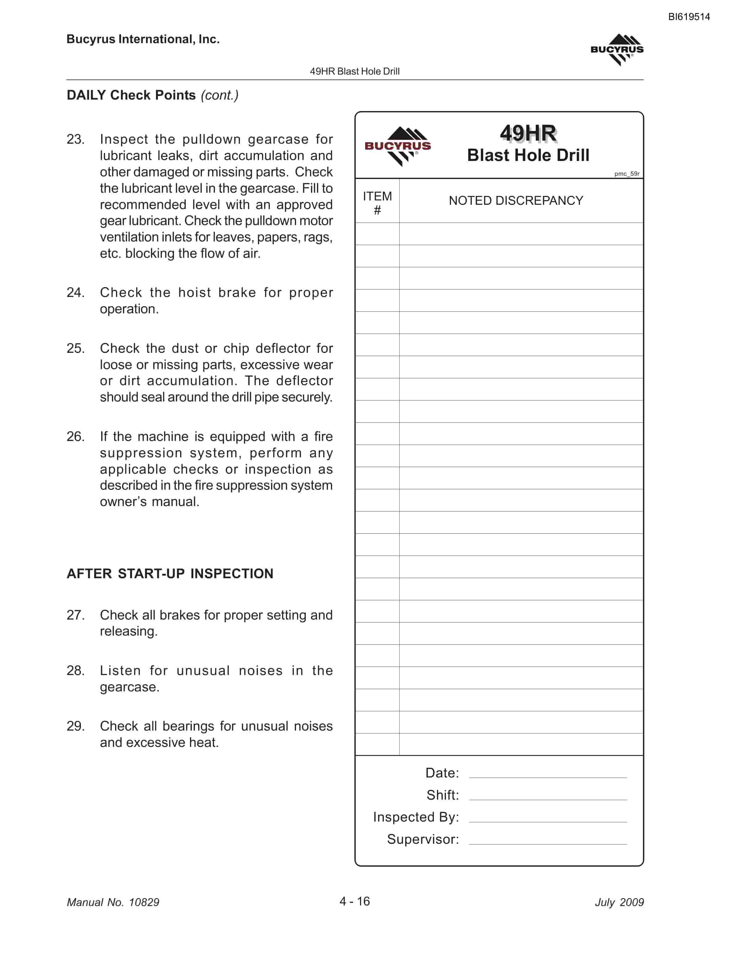 Bucyrus 49HR Blast Hole Drill Maintenance And Operation Manual BI619514-2