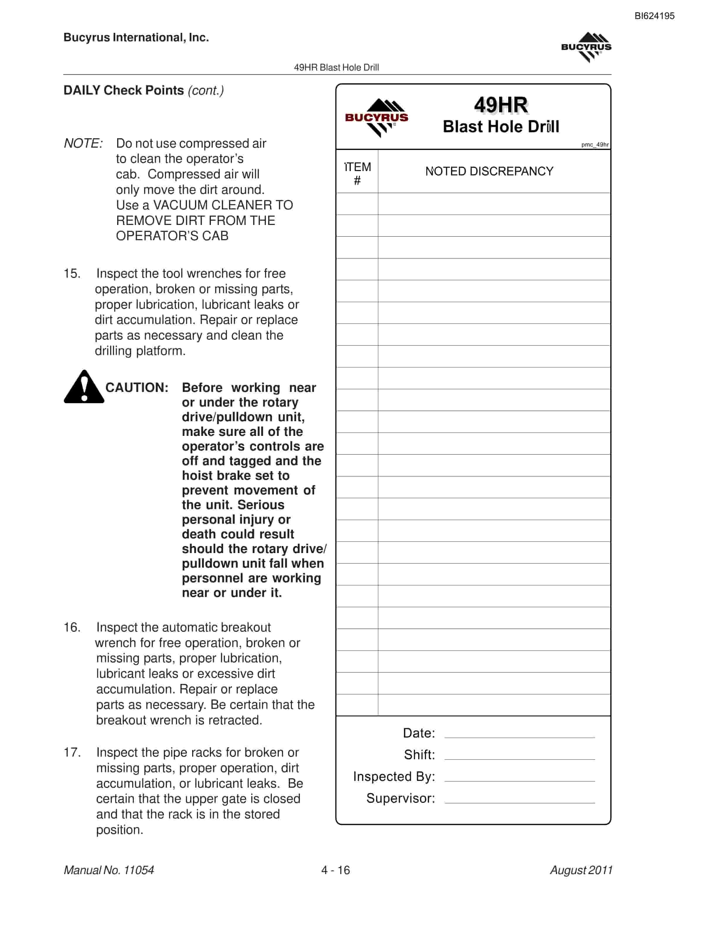 Bucyrus 49HR Blast Hole Drill Maintenance And Operation Manual BI624195-2