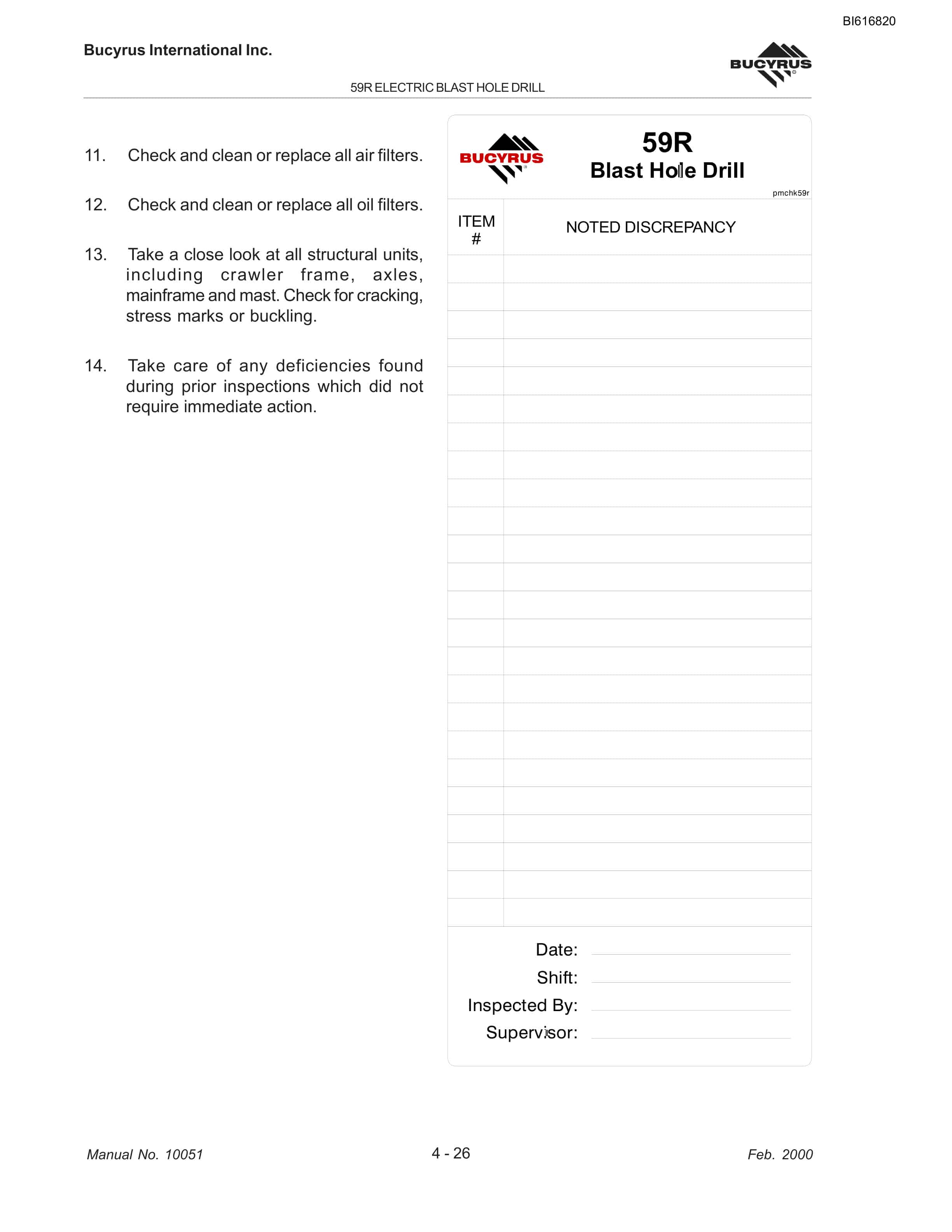 Bucyrus 59R Blast Hole Drill Technical Manual BI616820-2