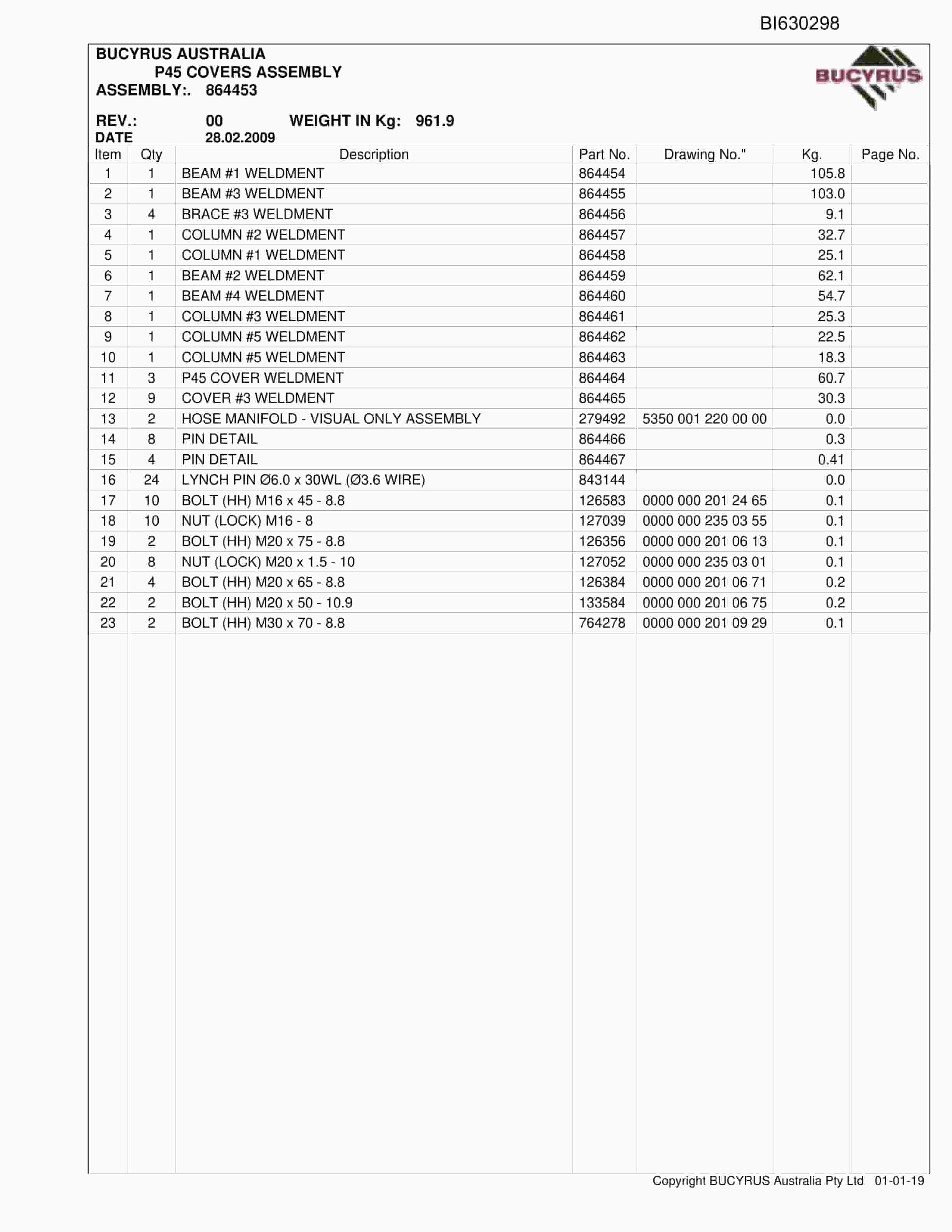Bucyrus AFC 2010 North Goonyella Parts Catalog BI630298-2