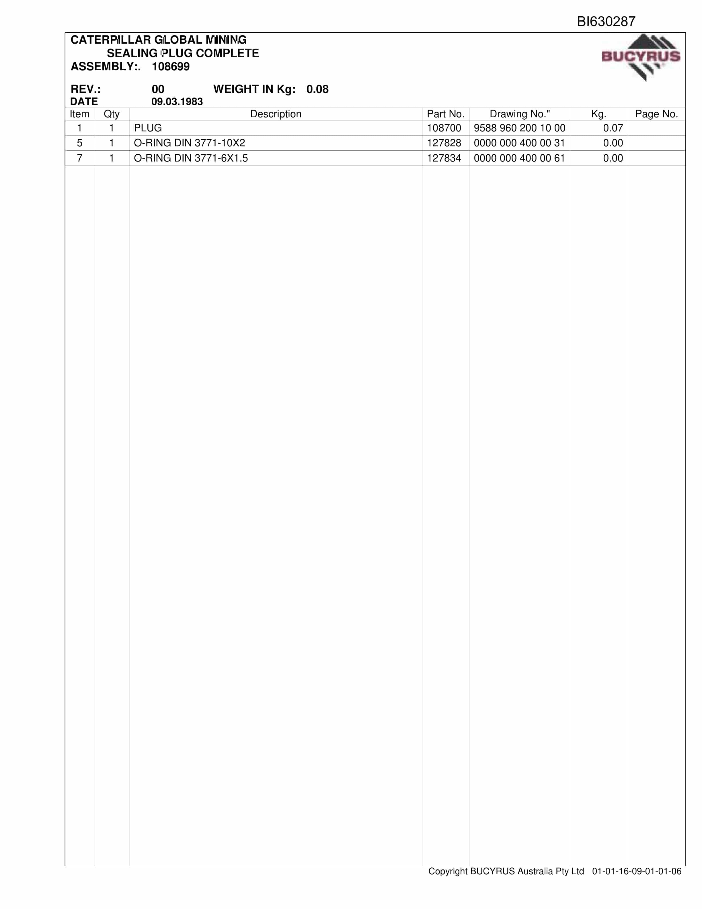 Bucyrus AFC Assembly Crinum 2009 Parts Catalog BI630287-2