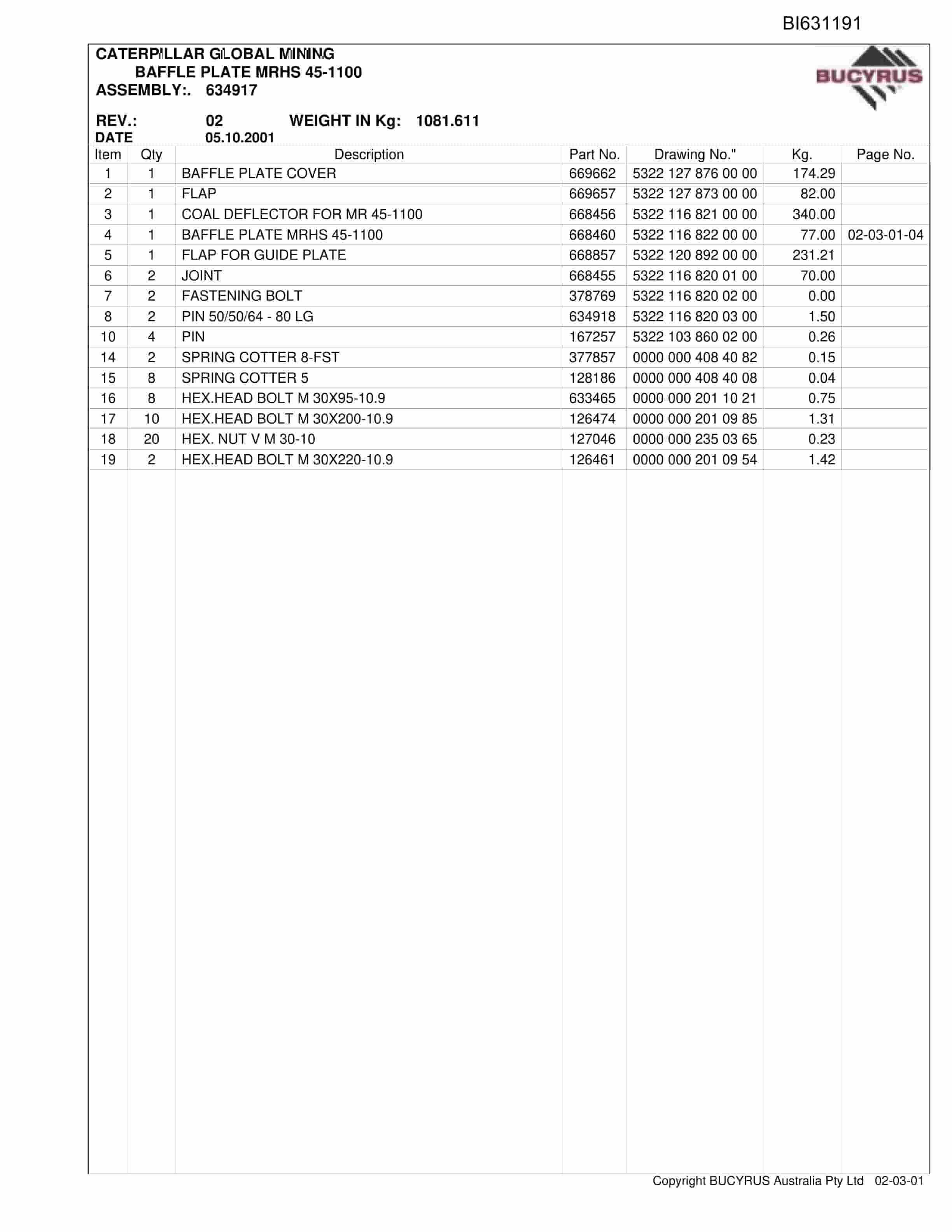 Bucyrus AFC Assembly Parts Catalog BI631191-2