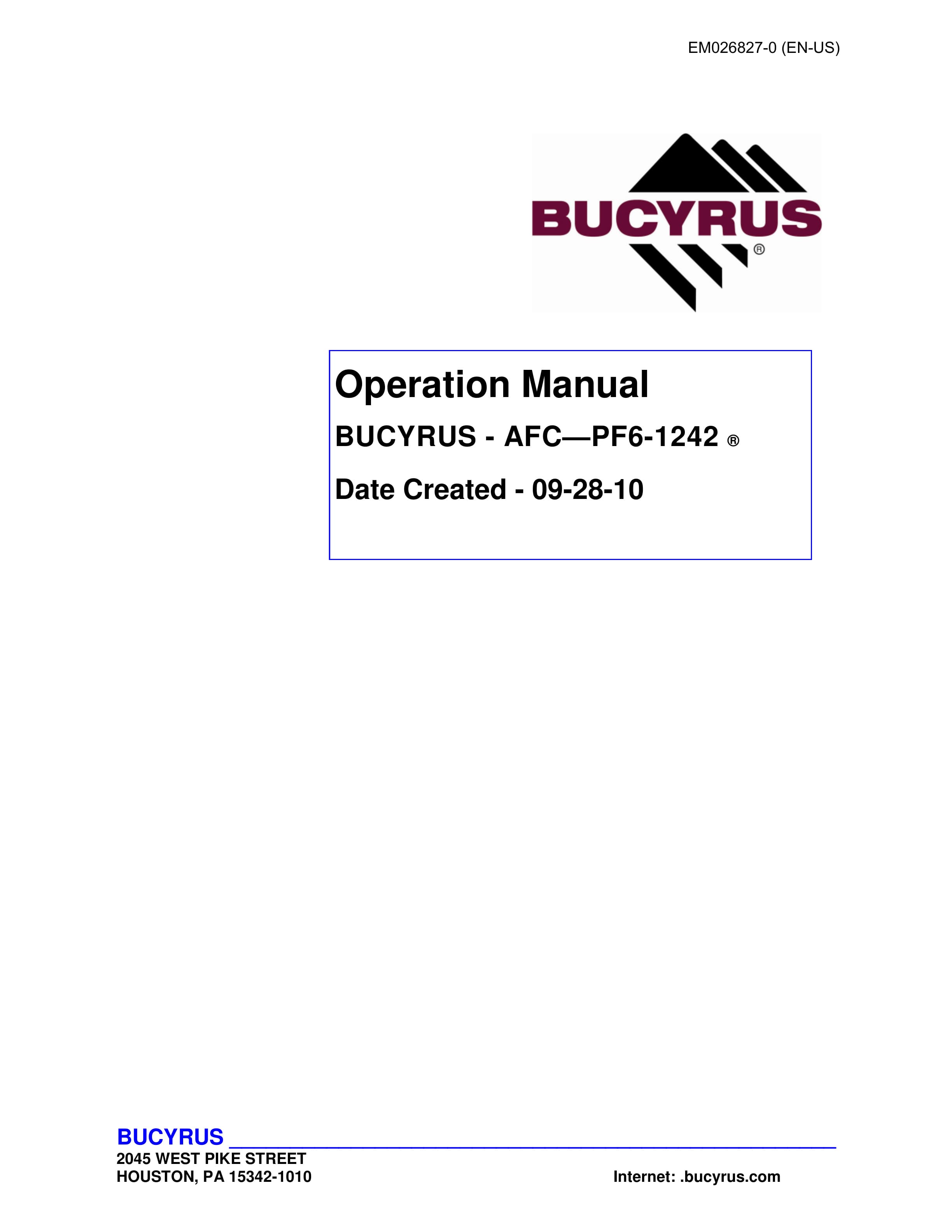 Bucyrus AFC - PF6-1242 Operation Manual EM026827-0