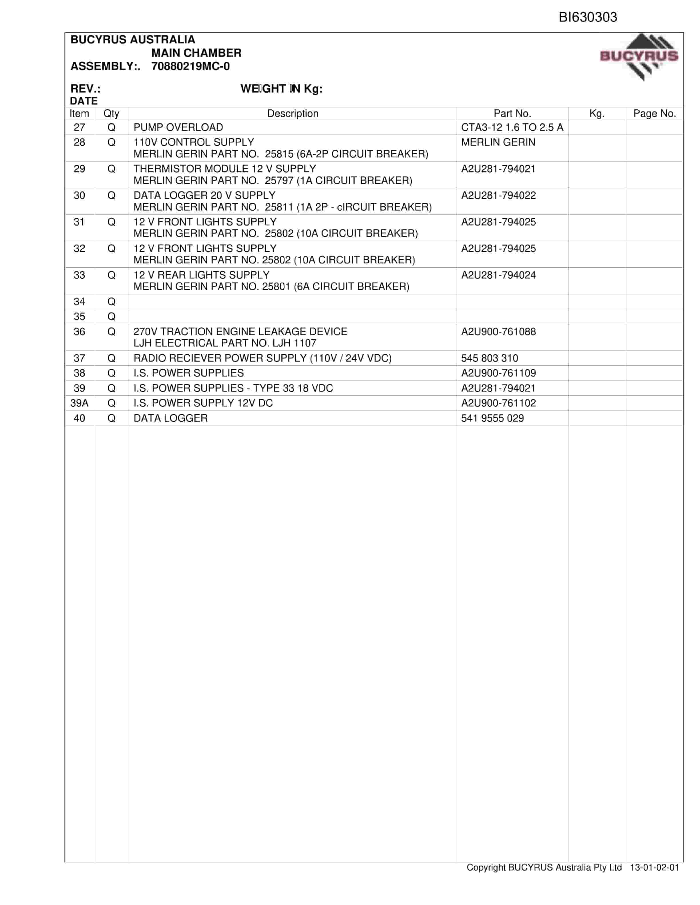 Bucyrus Allied Dash 3 Miner Parts Catalog BI630303-5