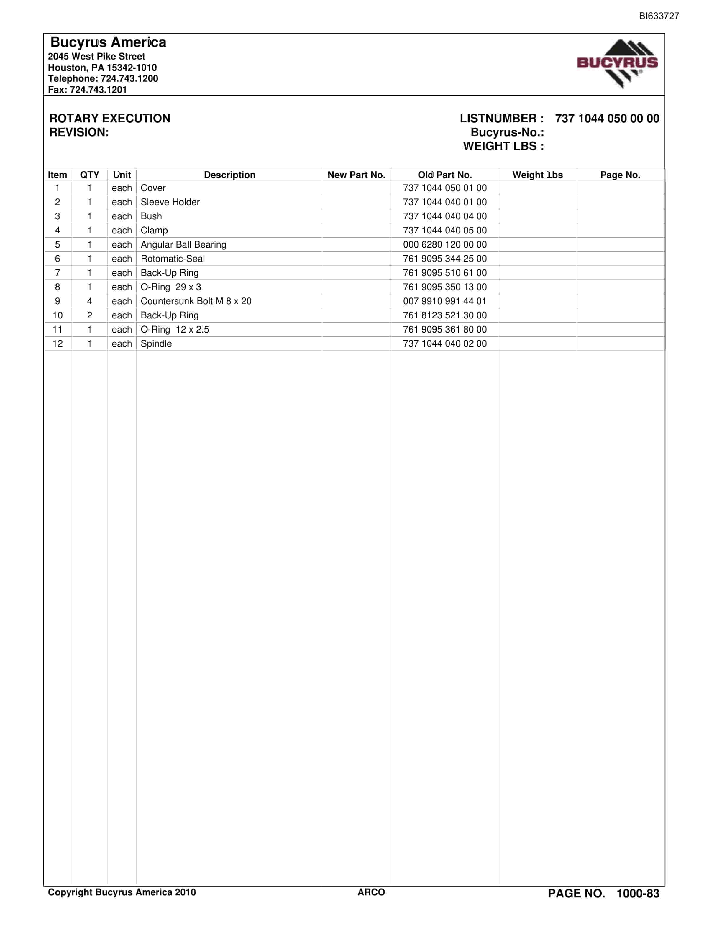 Bucyrus Arco Mine Parts Catalog BI633727-2
