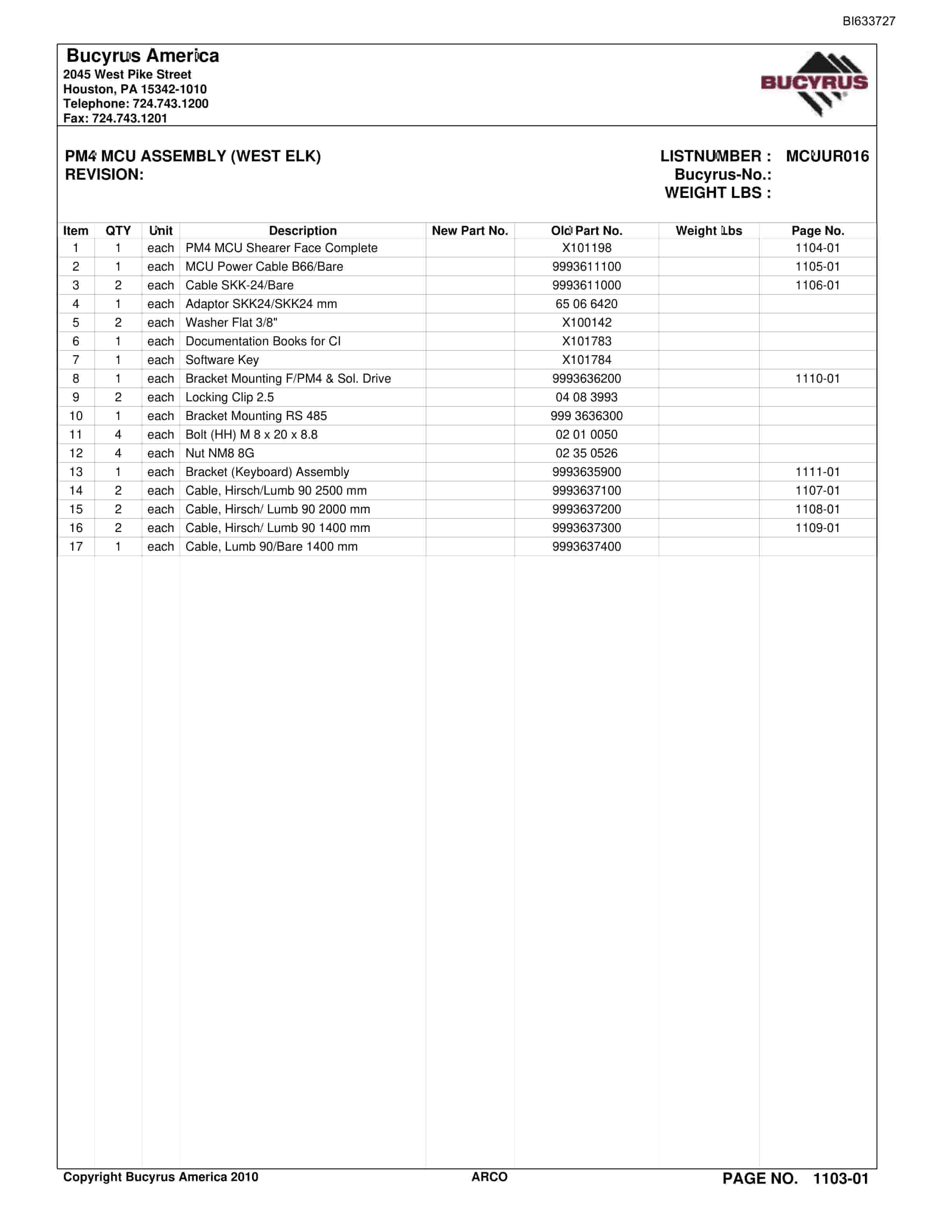 Bucyrus Arco Mine Parts Catalog BI633727-3