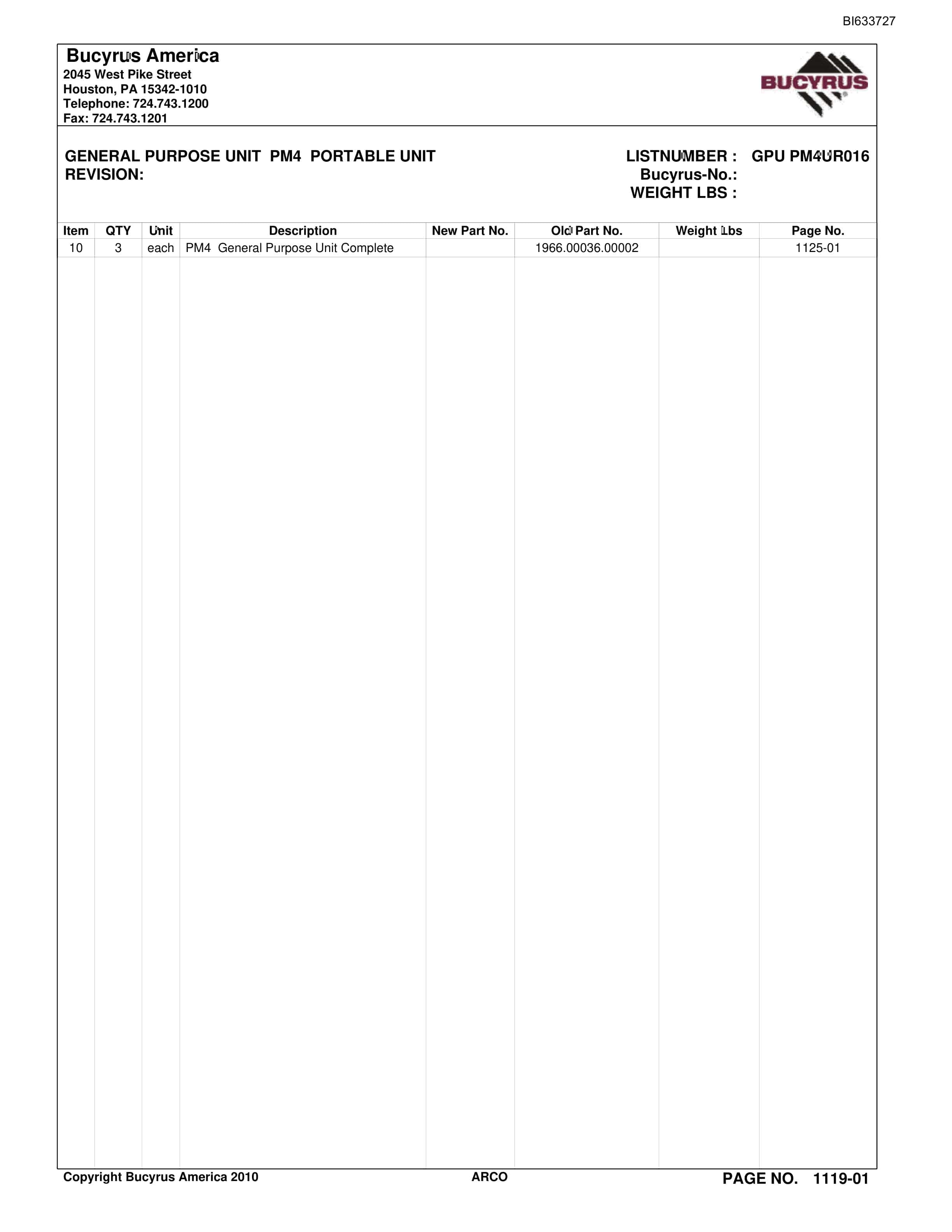 Bucyrus Arco Mine Parts Catalog BI633727-4