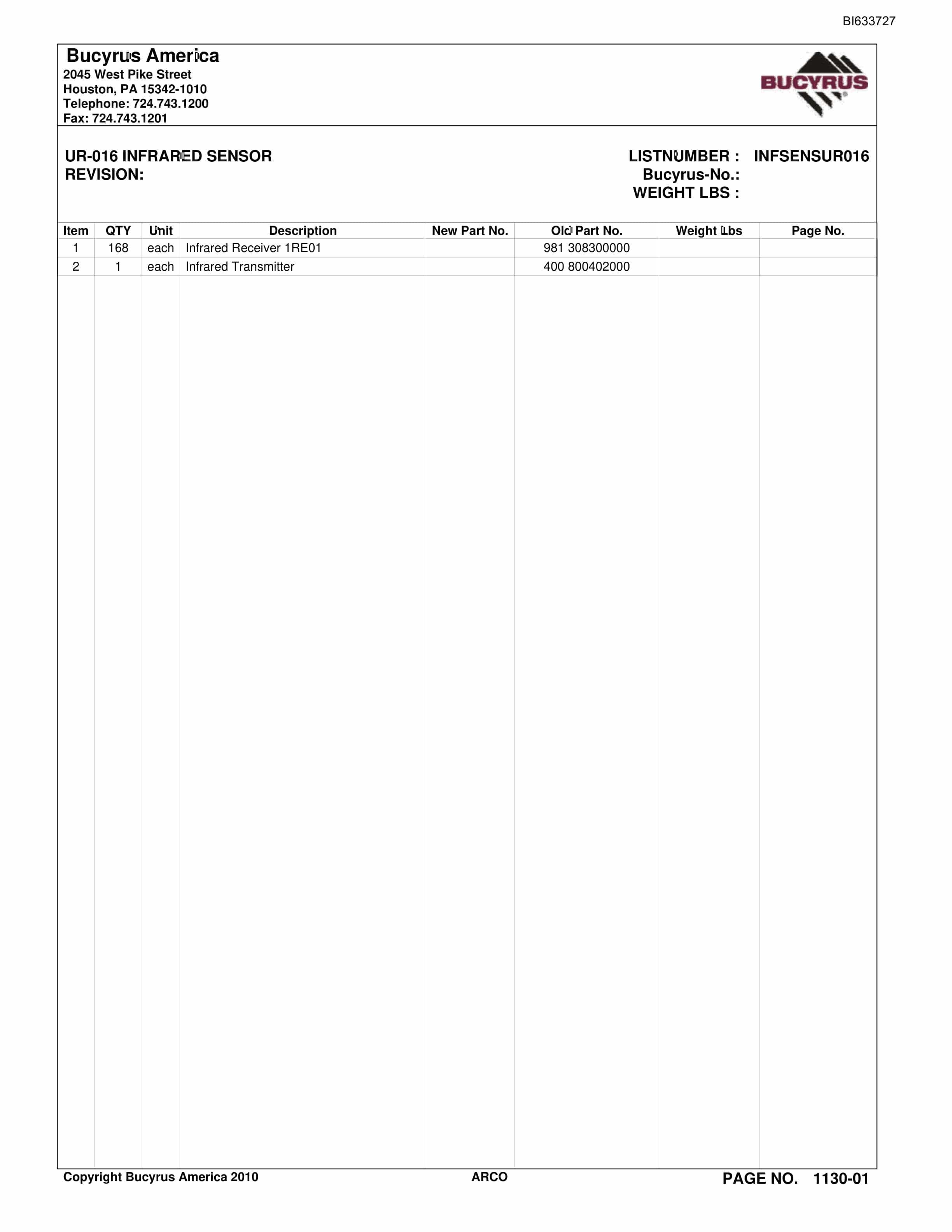 Bucyrus Arco Mine Parts Catalog BI633727-5