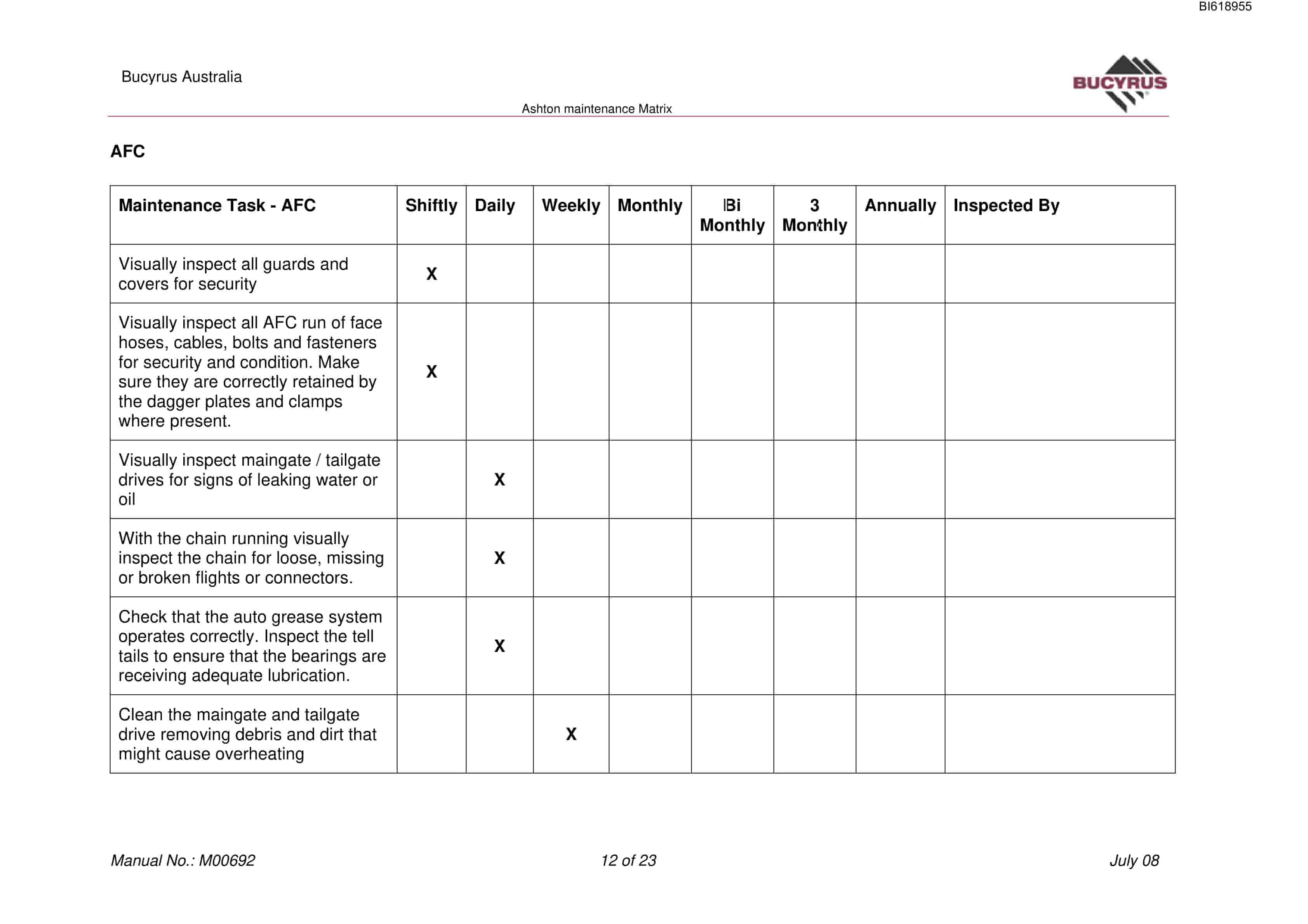 Bucyrus Ashton Maintenance Matrix Technical Manual BI618955-2