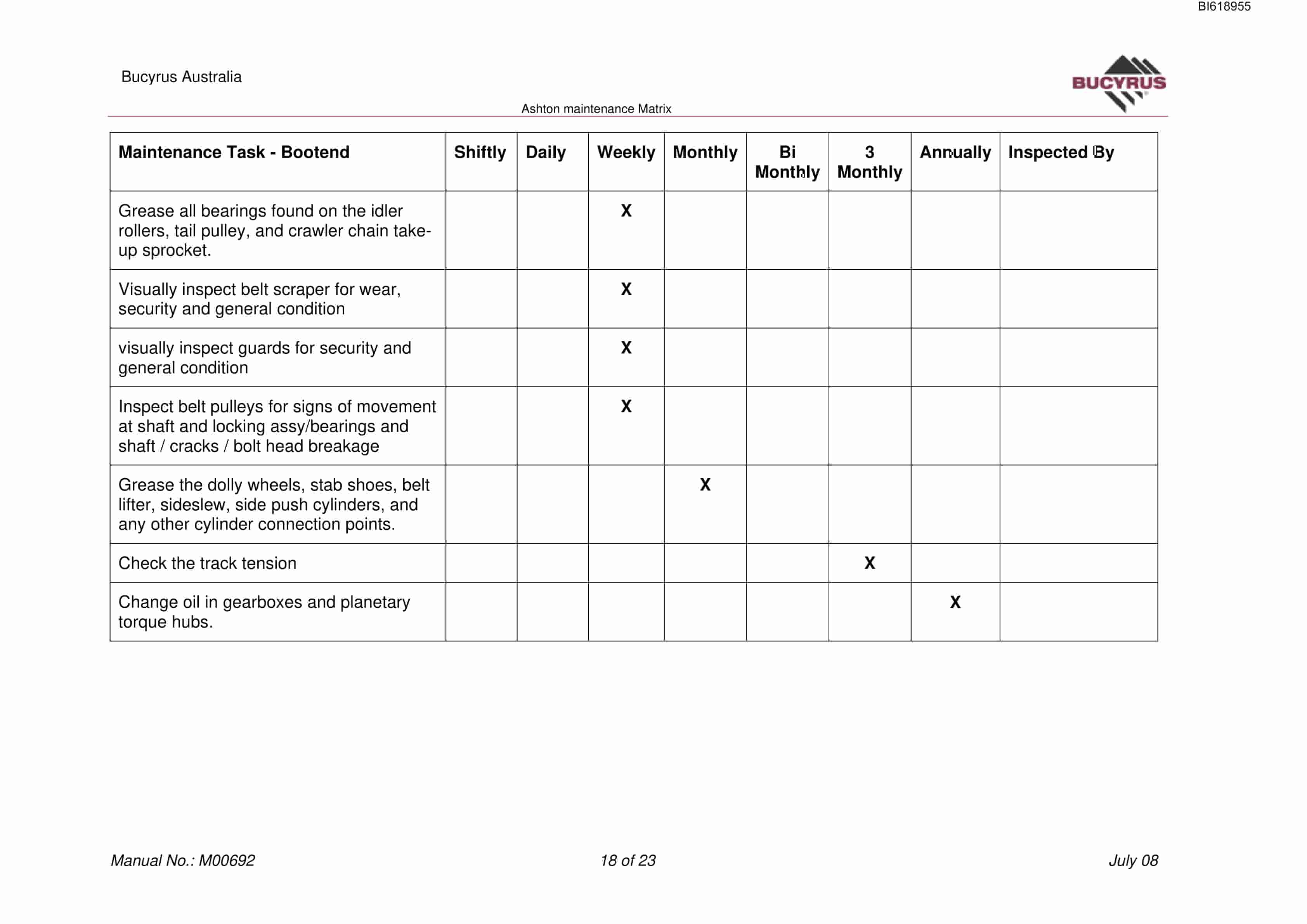 Bucyrus Ashton Maintenance Matrix Technical Manual BI618955-4