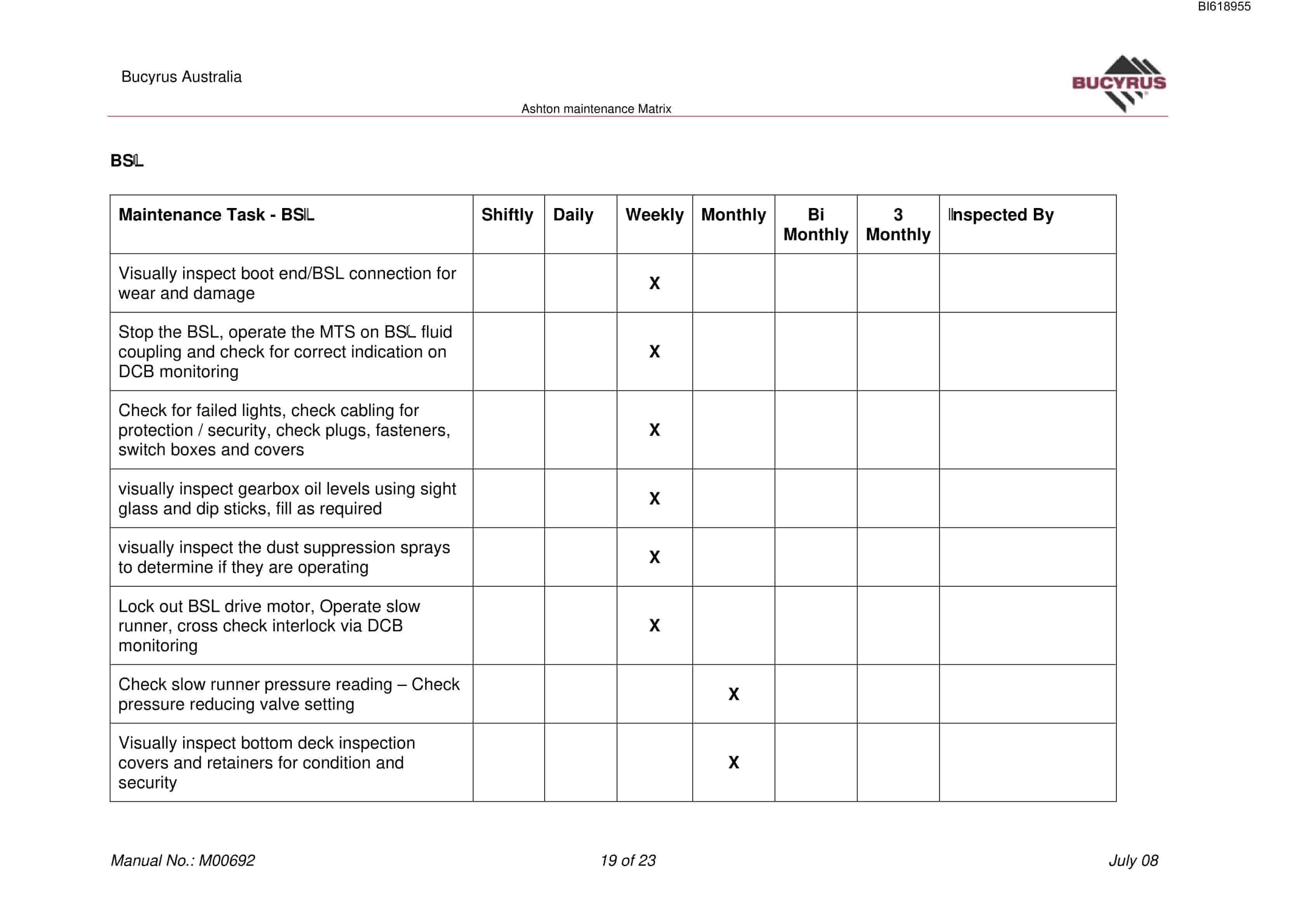 Bucyrus Ashton Maintenance Matrix Technical Manual BI618955-5