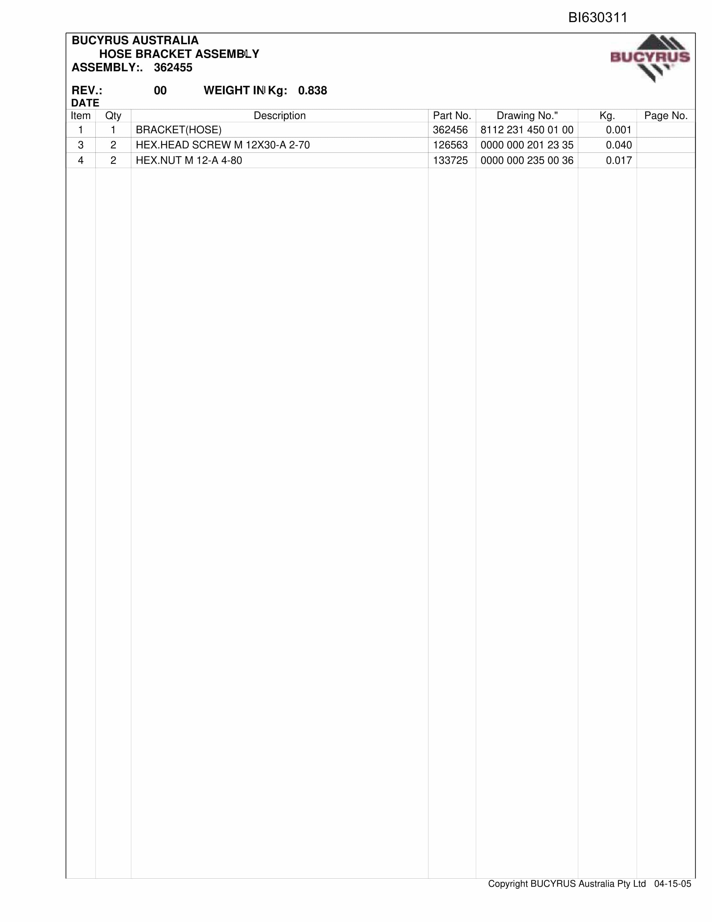 Bucyrus Austar 2010 Buttress Shields Parts Catalog BI630311-5