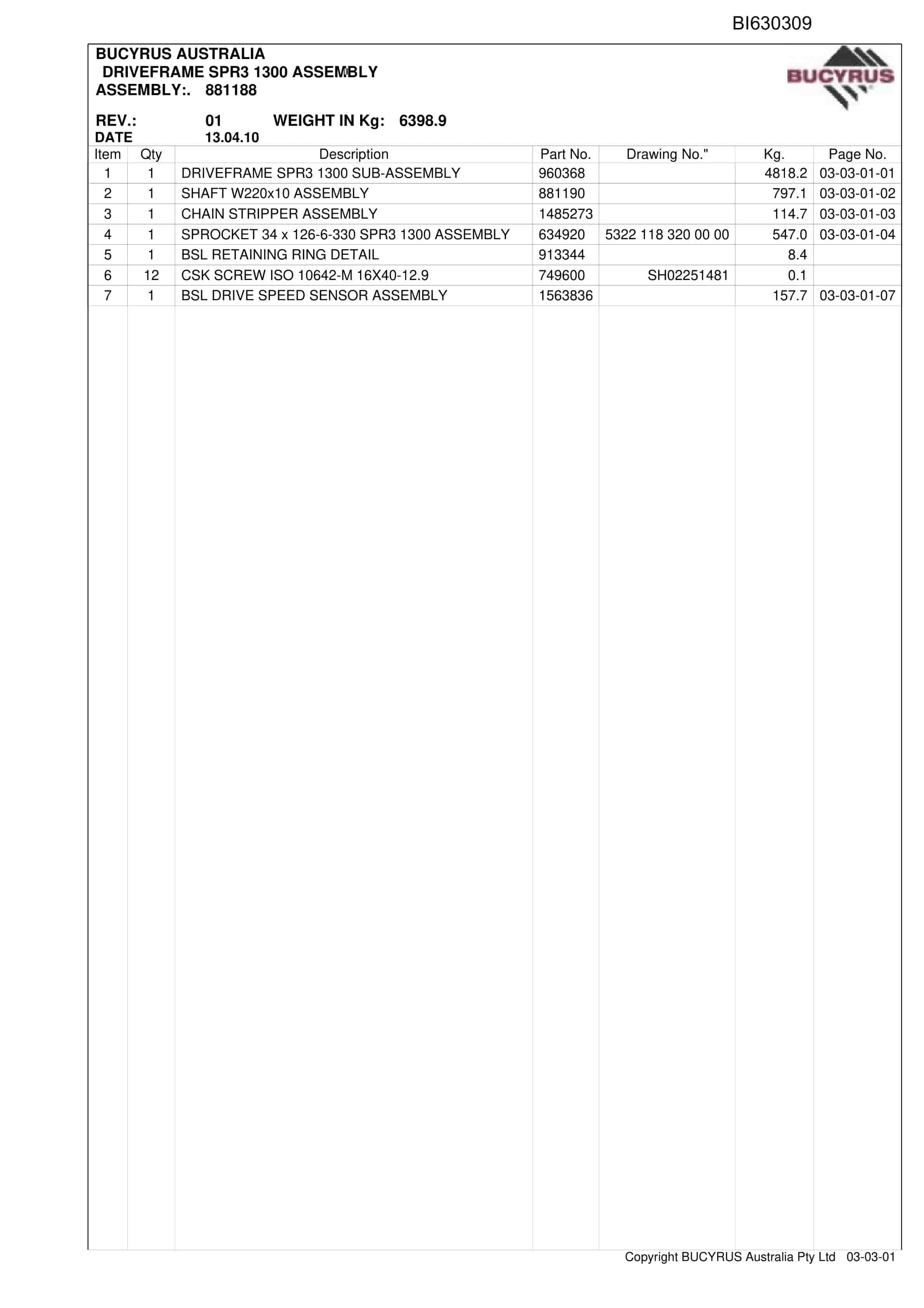 Bucyrus Austar BSL PF6-1342 2010 Parts Catalog BI630309-2