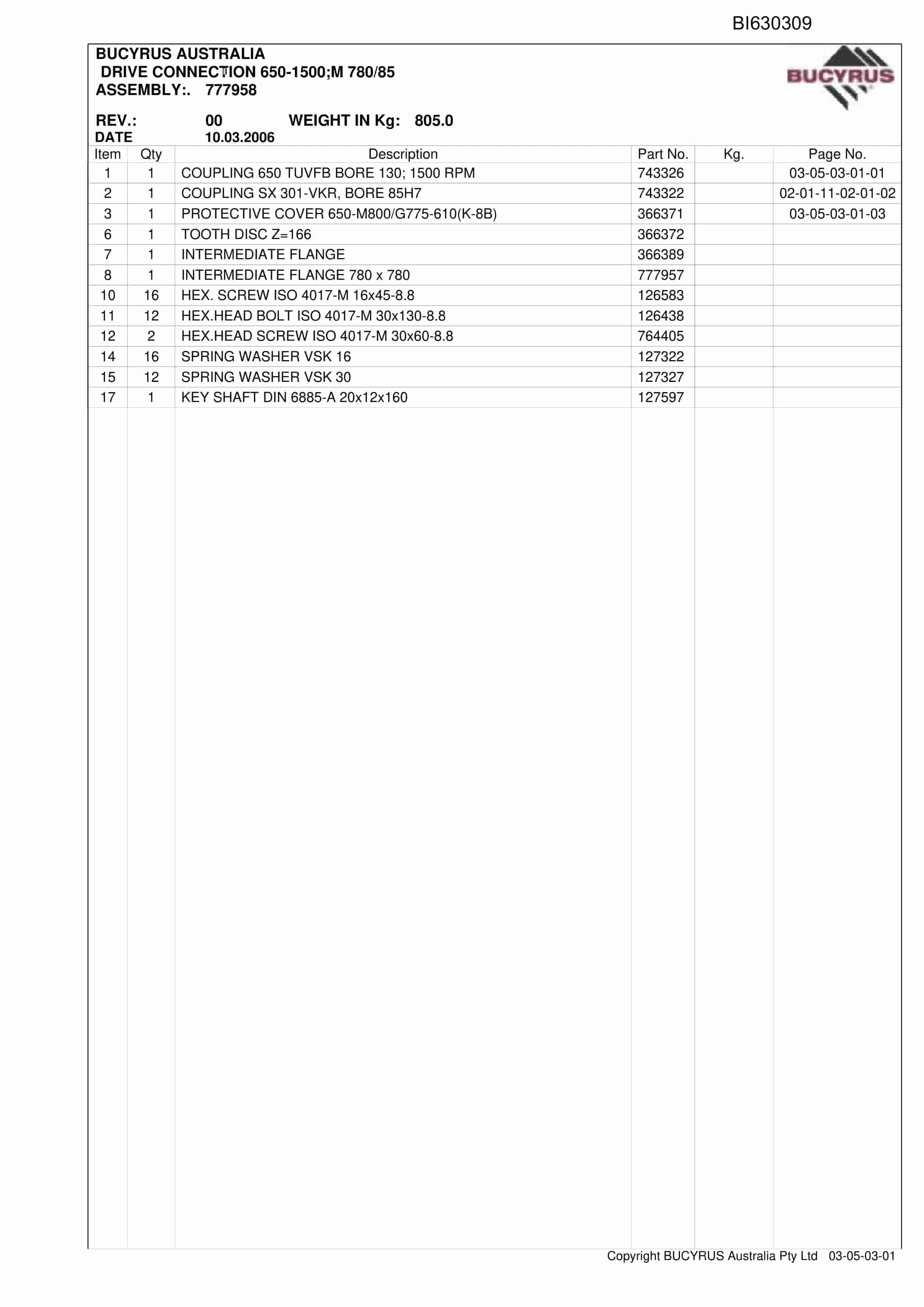 Bucyrus Austar BSL PF6-1342 2010 Parts Catalog BI630309-3