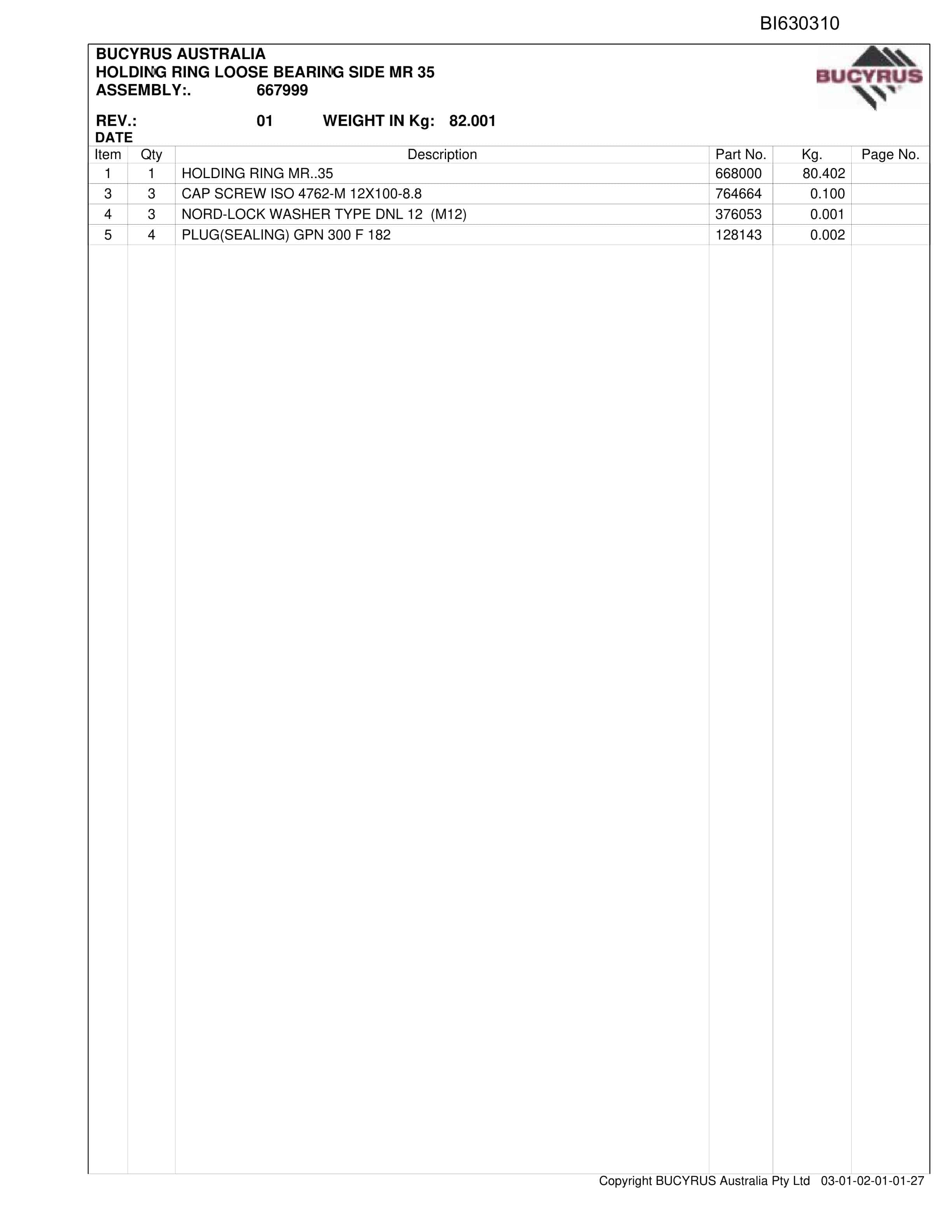Bucyrus Austar RehAnd 2010 AFC Set 1 Parts Catalog BI630310-4