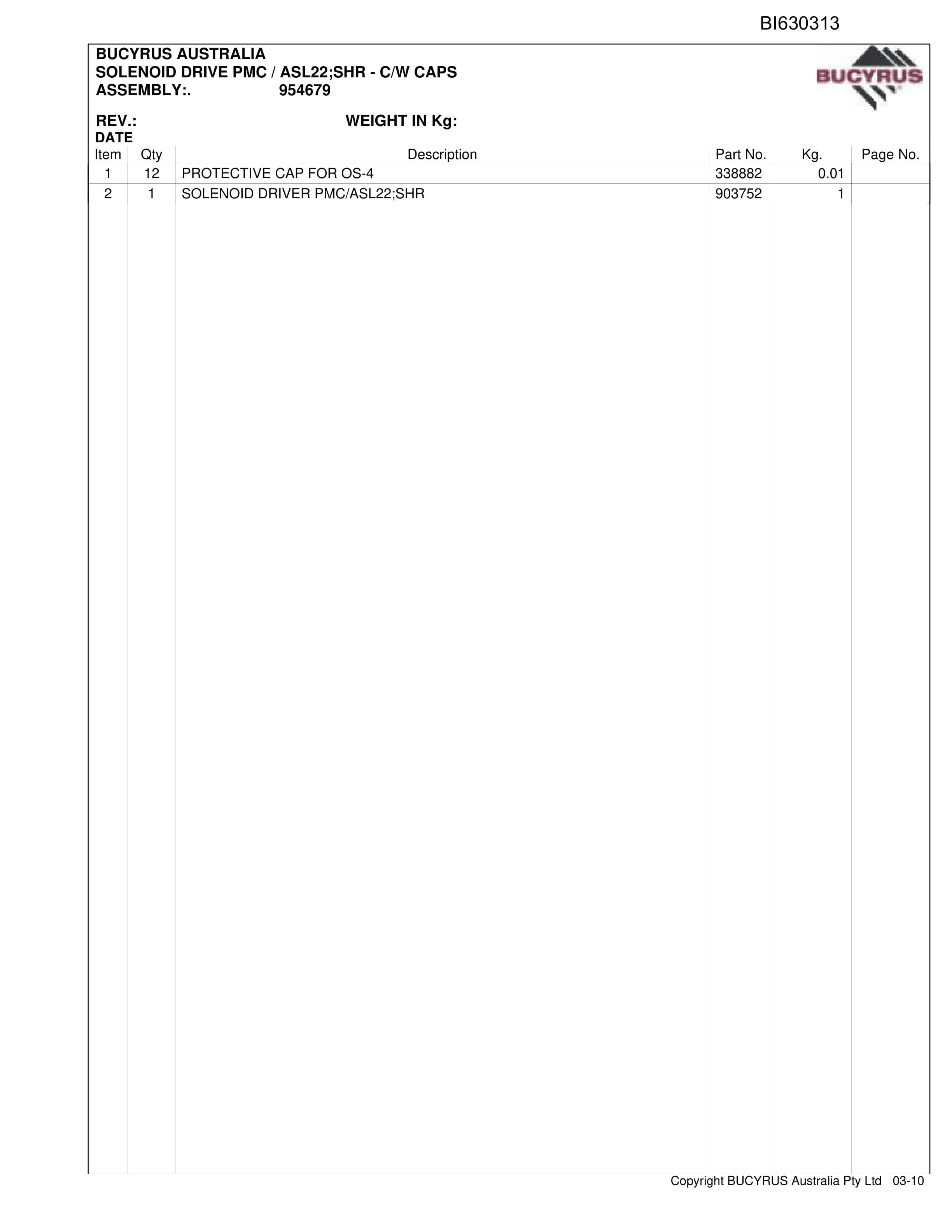 Bucyrus Austar RehAnd 2010 Electrical Parts Catalog BI630313-2