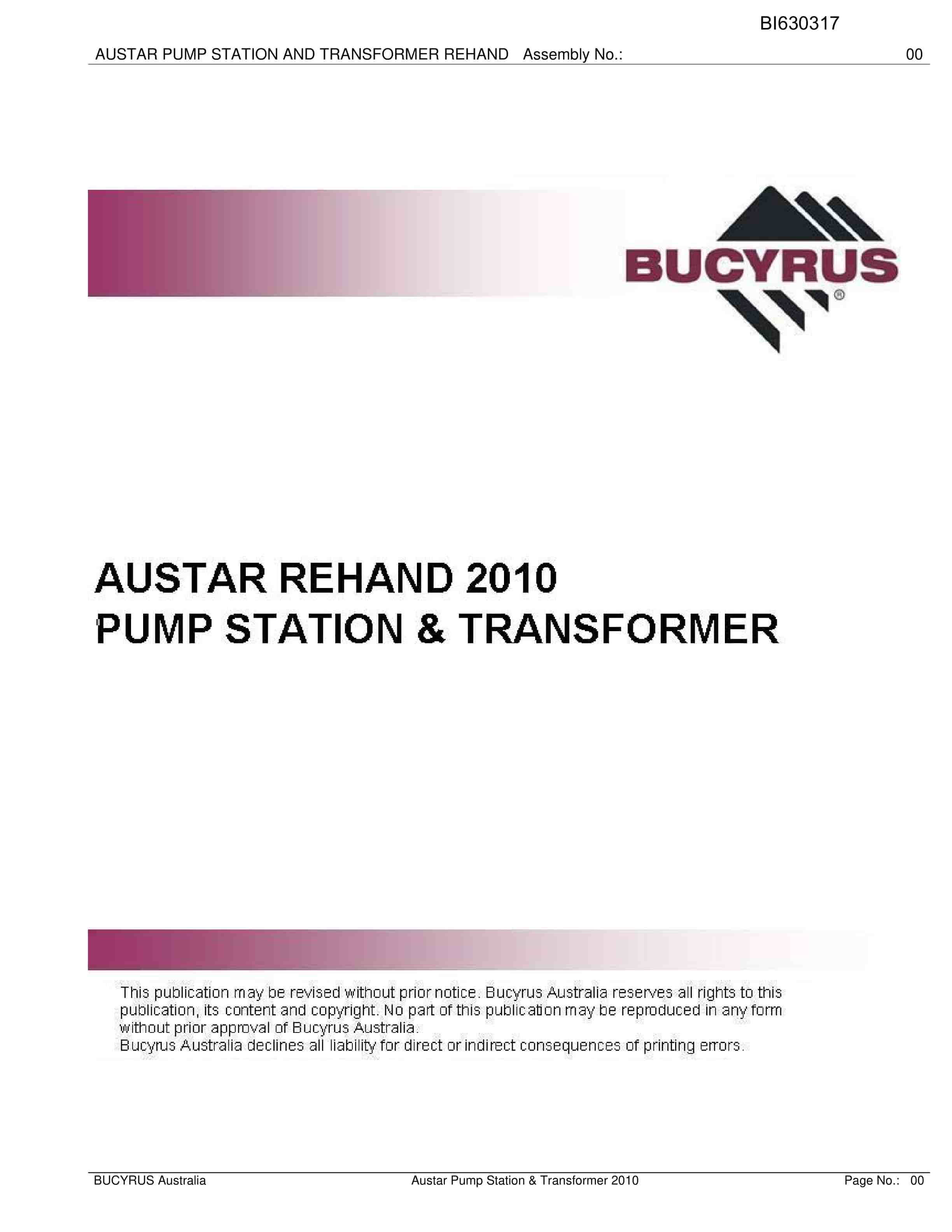 Bucyrus Austar RehAnd 2010 Pump Station And TransFormer Parts Catalog BI630317