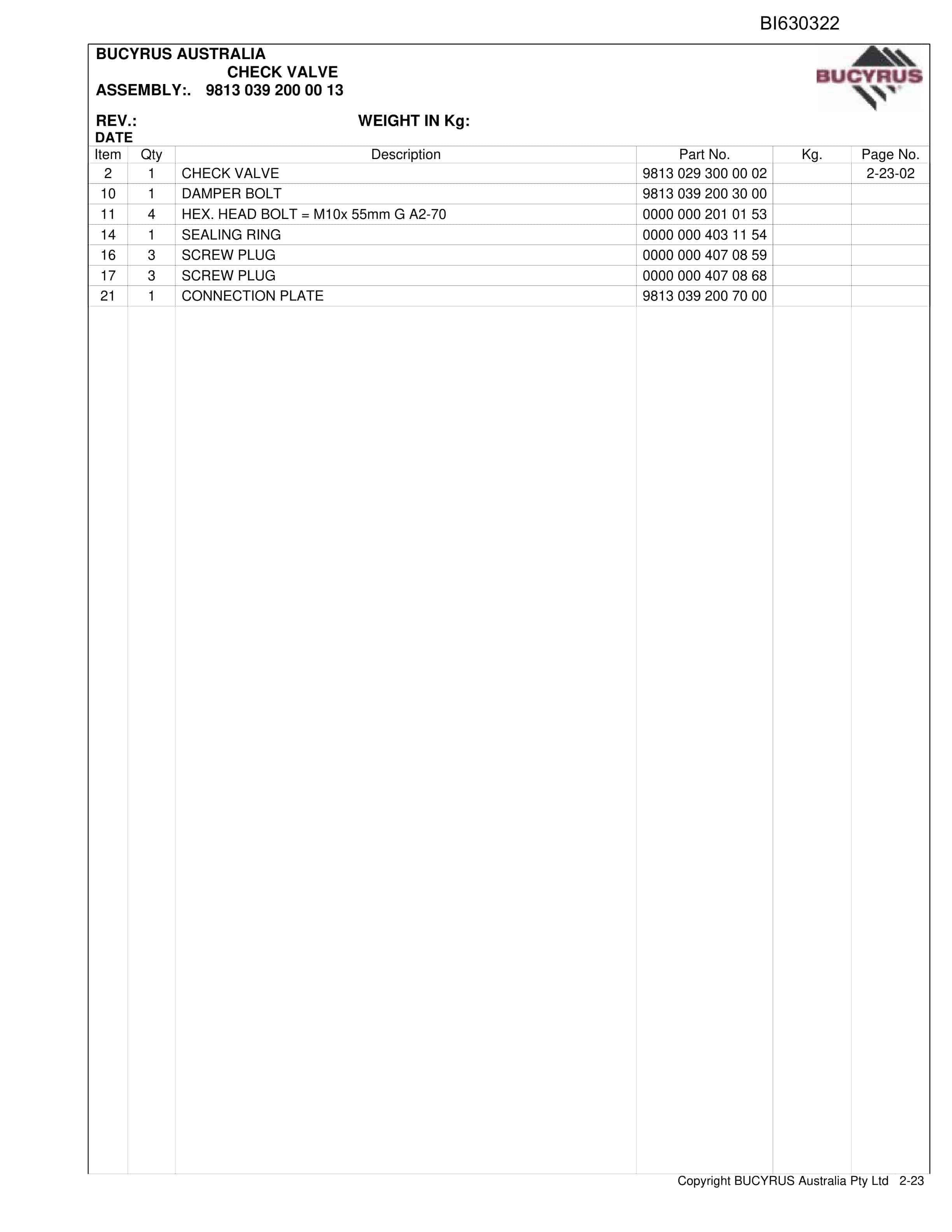 Bucyrus Baal Bone 4 Leg Retrofit Parts Catalog BI630322-5