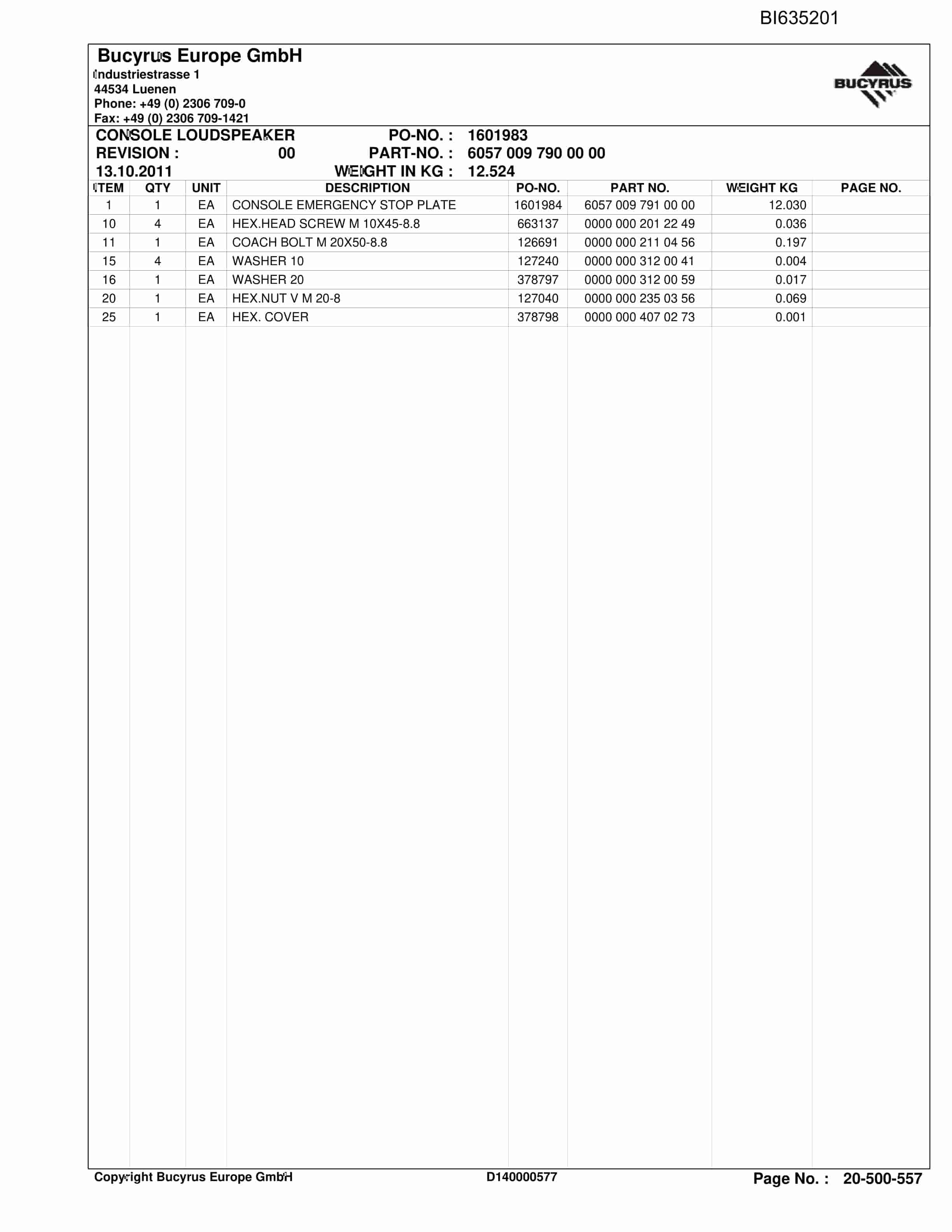 Bucyrus BAOFENG NINGXIA Parts Catalog BI635201-2