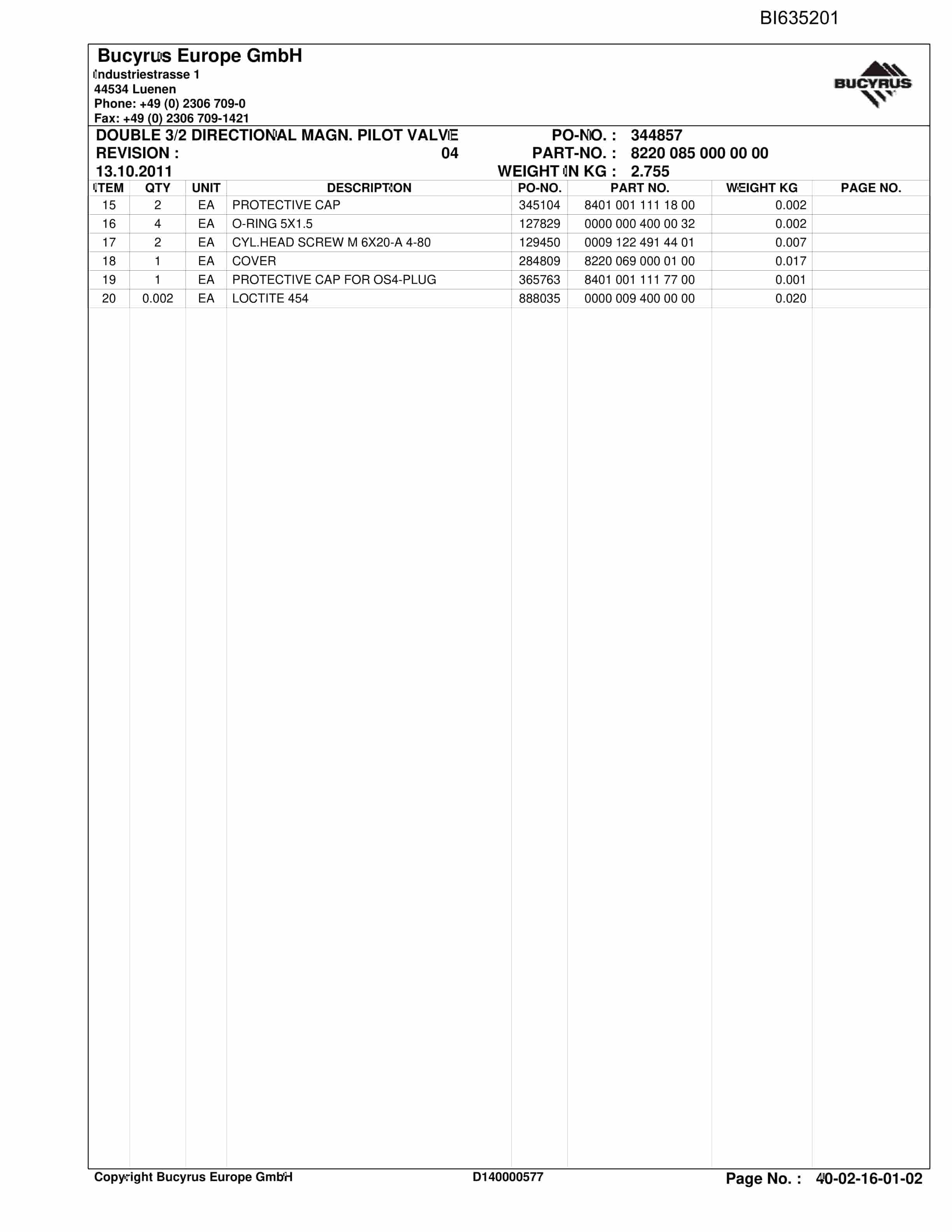 Bucyrus BAOFENG NINGXIA Parts Catalog BI635201-3