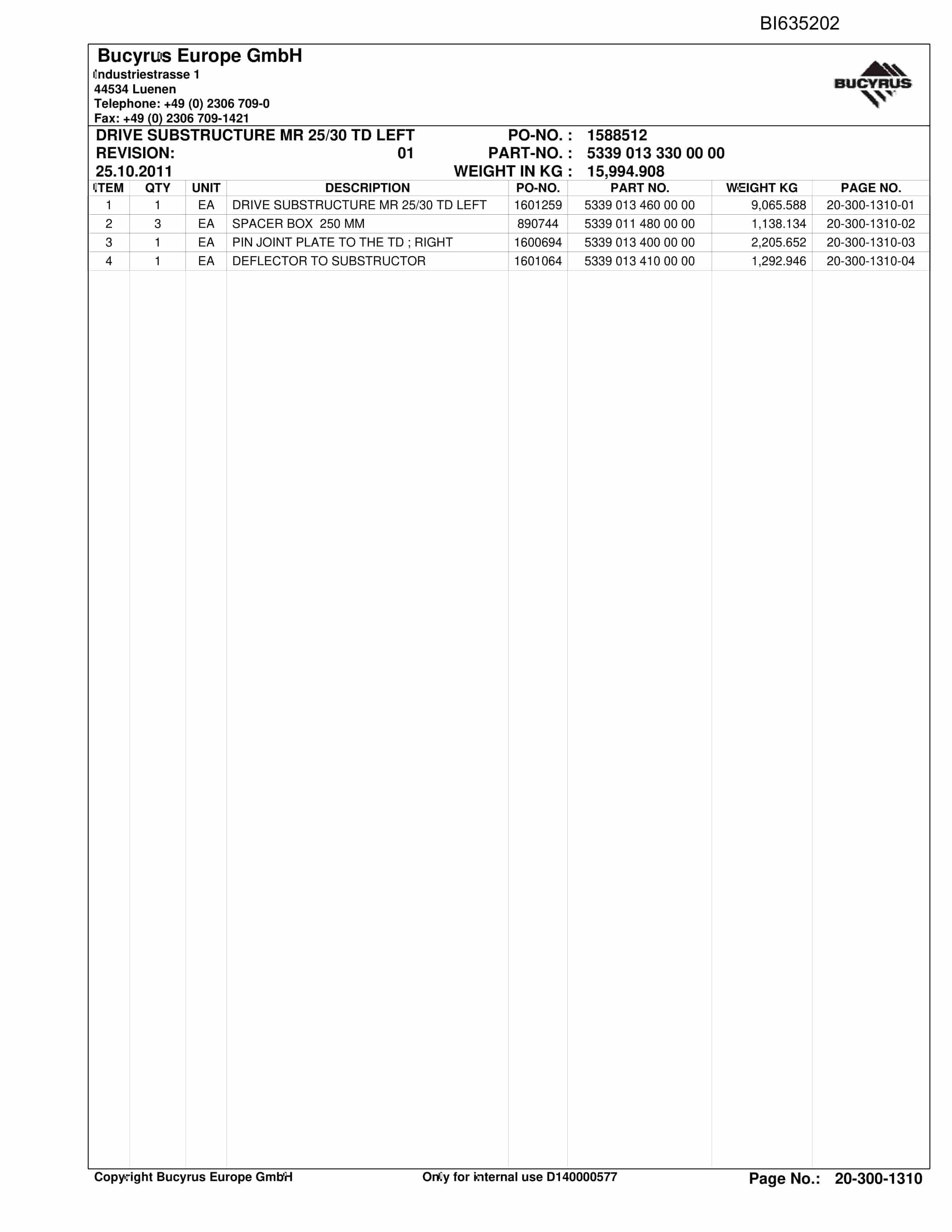 Bucyrus BAOFENG NINGXIA Parts Catalog BI635202-2