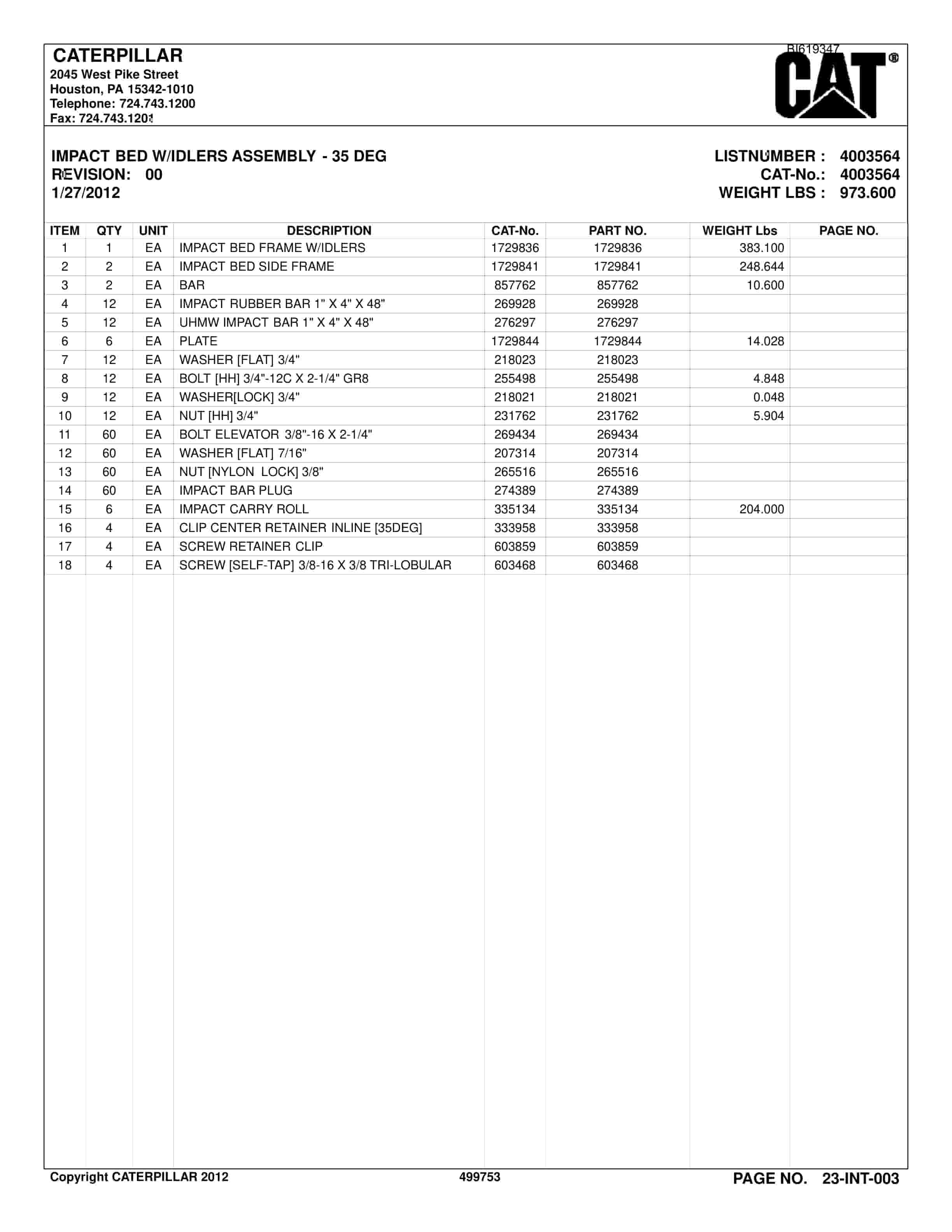 Bucyrus BC100 Belt System Parts Catalog BI619347-3