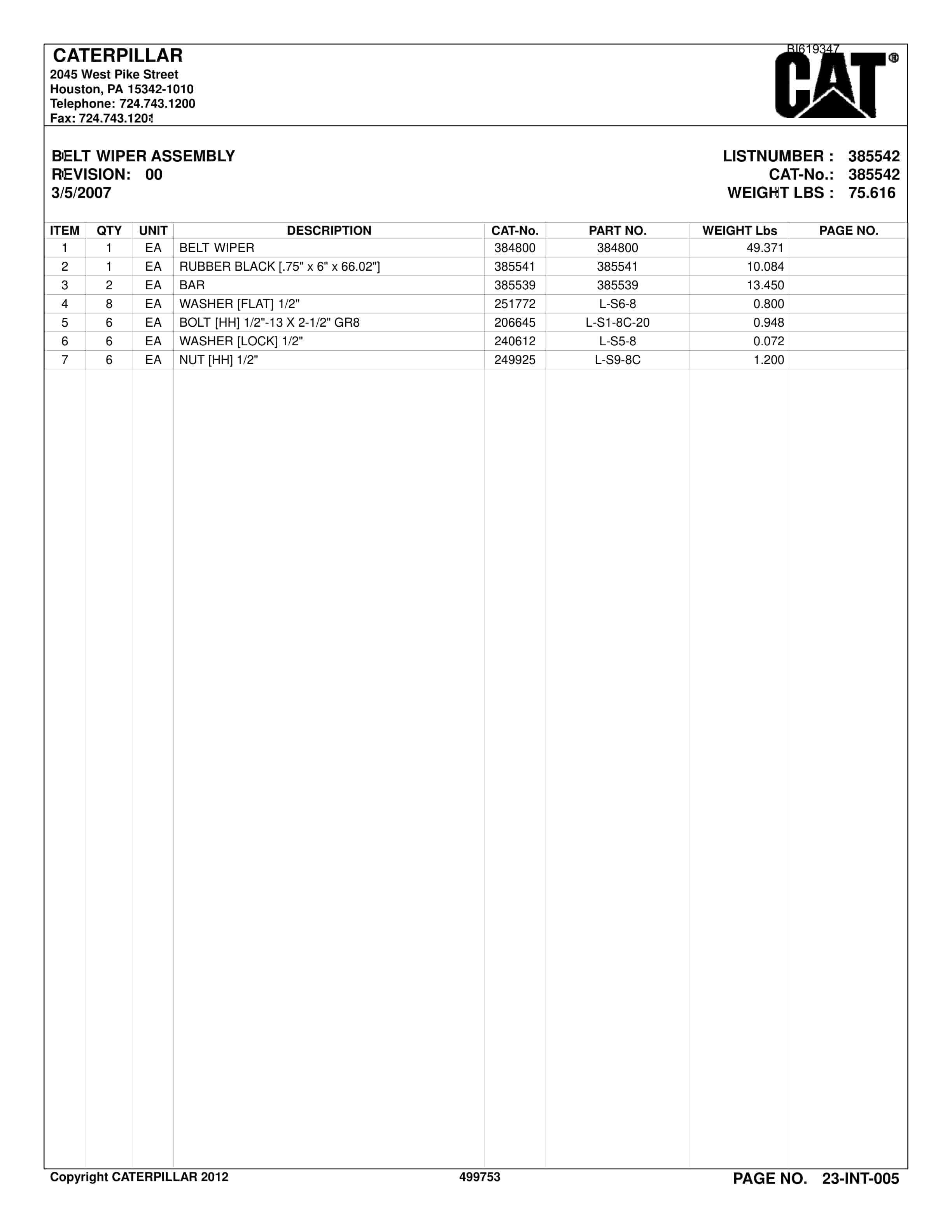 Bucyrus BC100 Belt System Parts Catalog BI619347-4