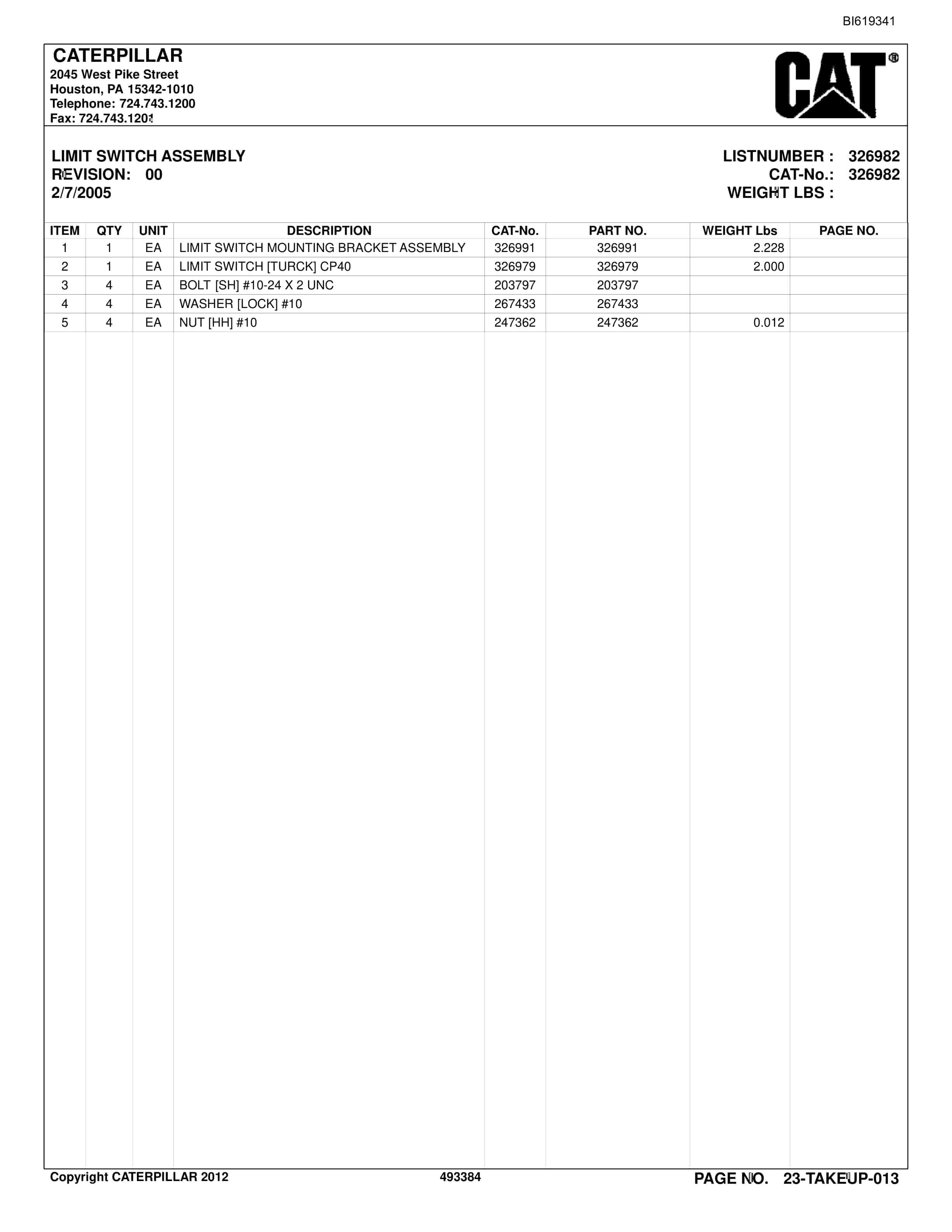 Bucyrus BC200 Belt System Parts Catalog BI619341-5