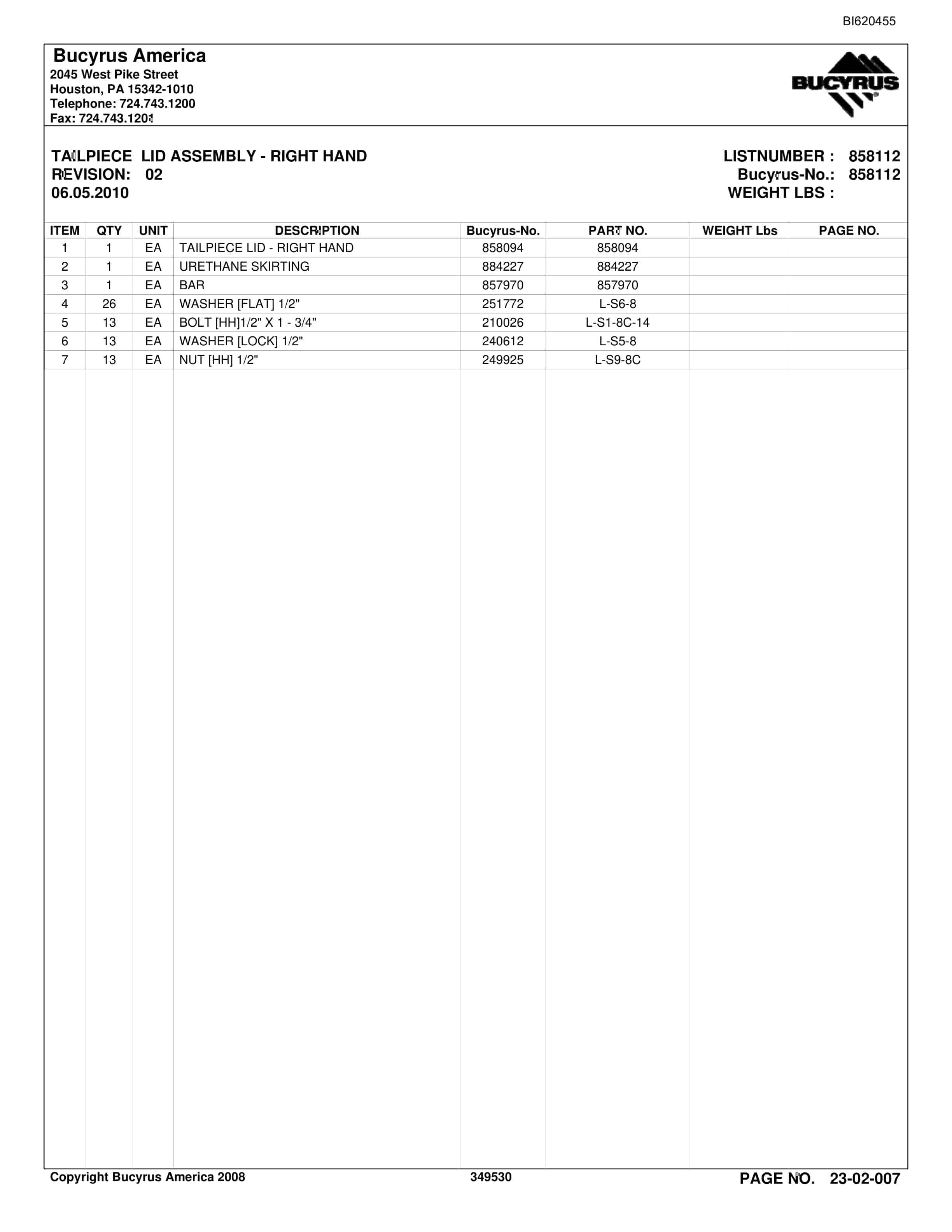 Bucyrus Belt System Parts And Service Manual BI620455-2