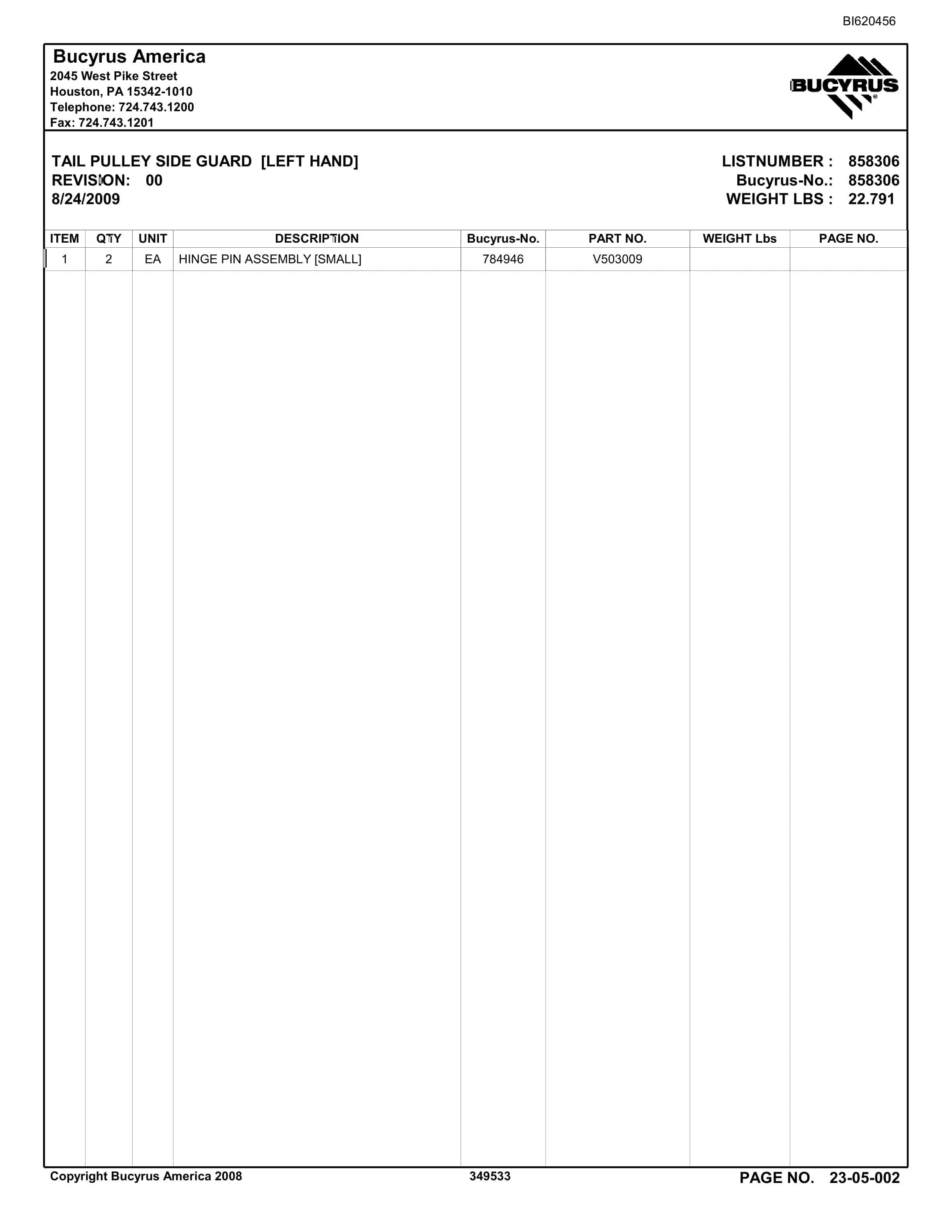 Bucyrus Belt System Parts And Service Manual BI620456-4