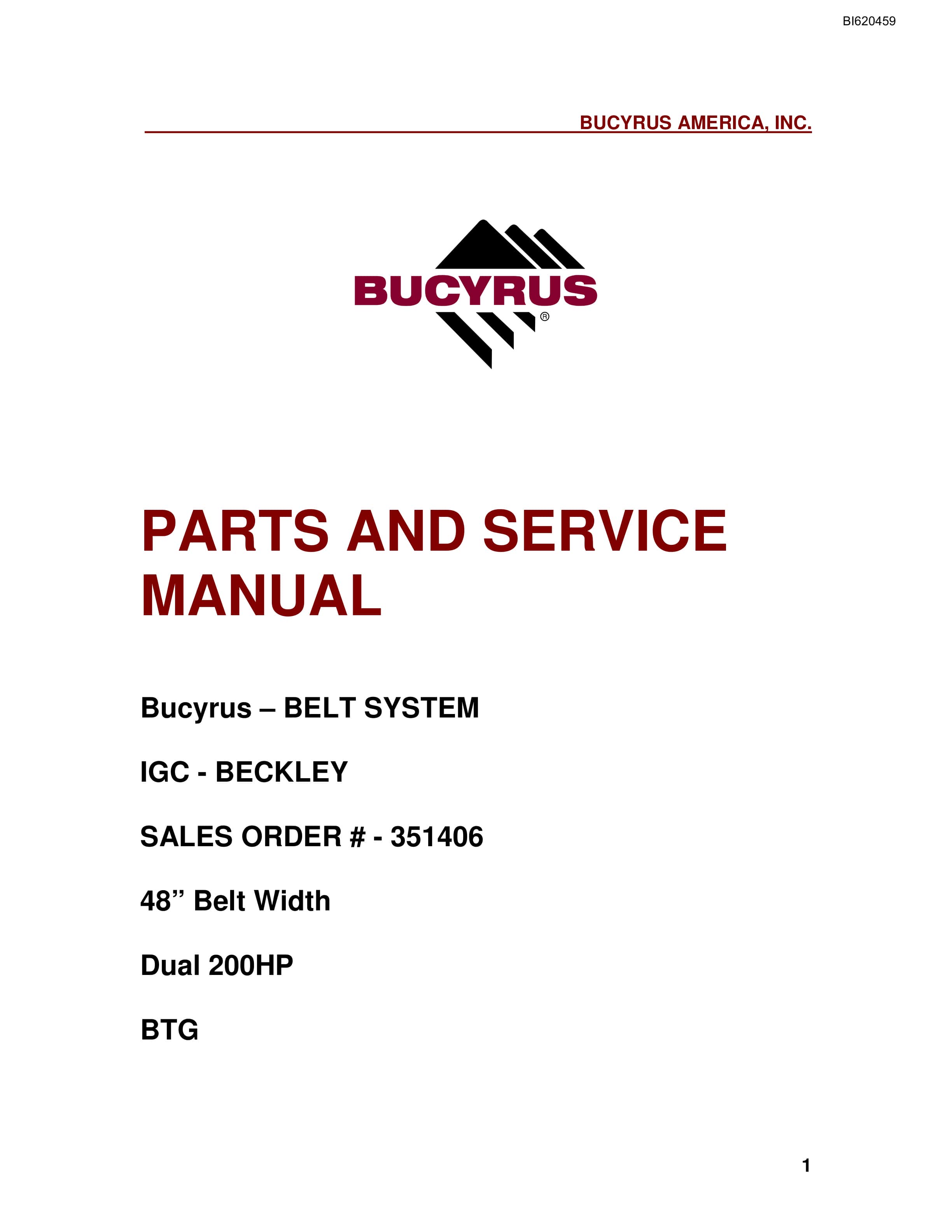 Bucyrus Belt System Parts And Service Manual BI620459
