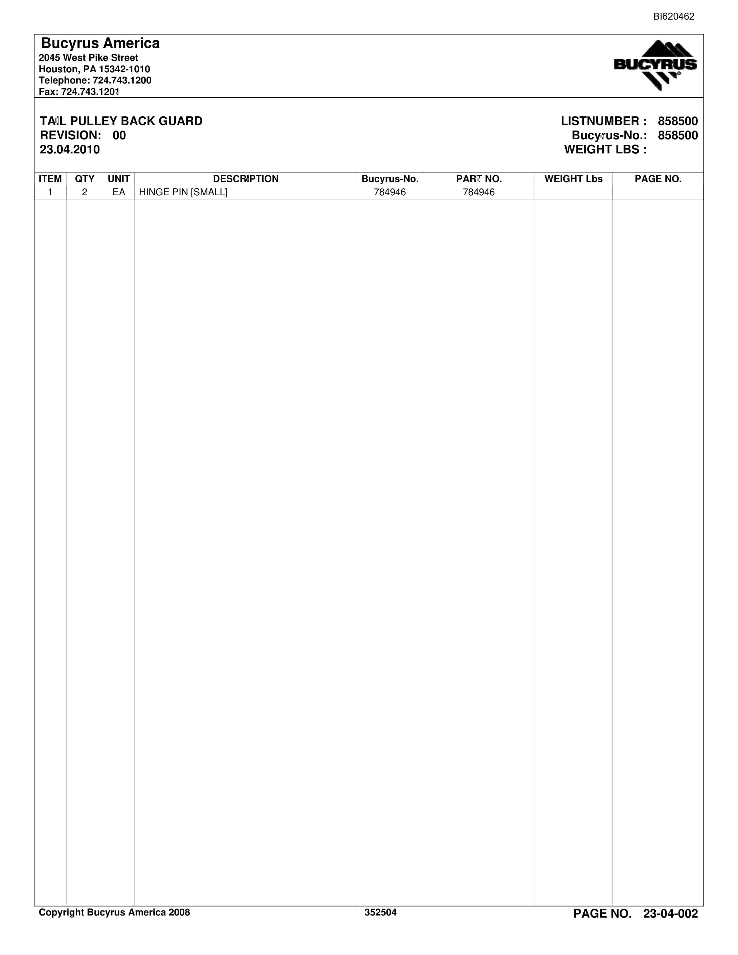 Bucyrus Belt System Parts And Service Manual BI620462-4