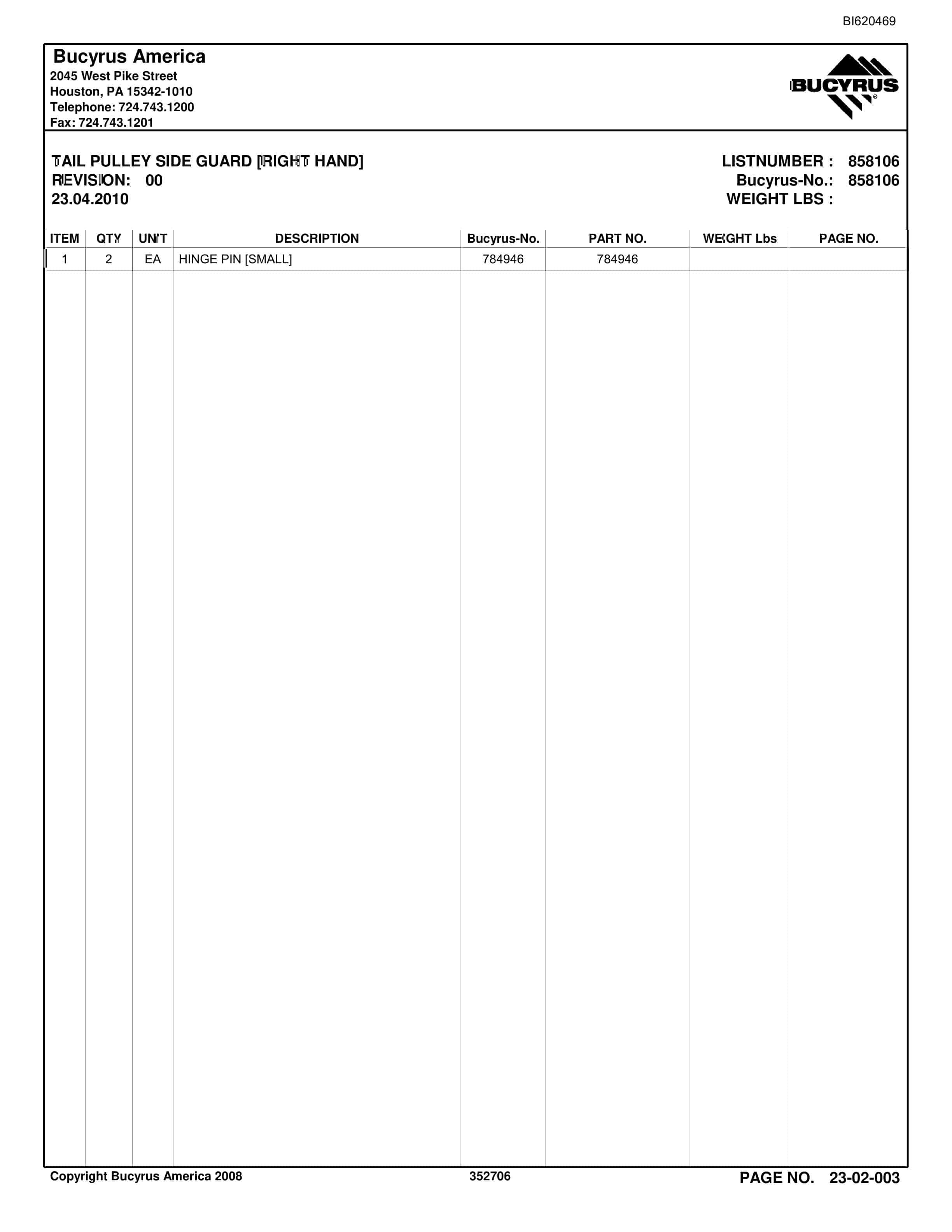 Bucyrus Belt System Parts And Service Manual BI620469-2
