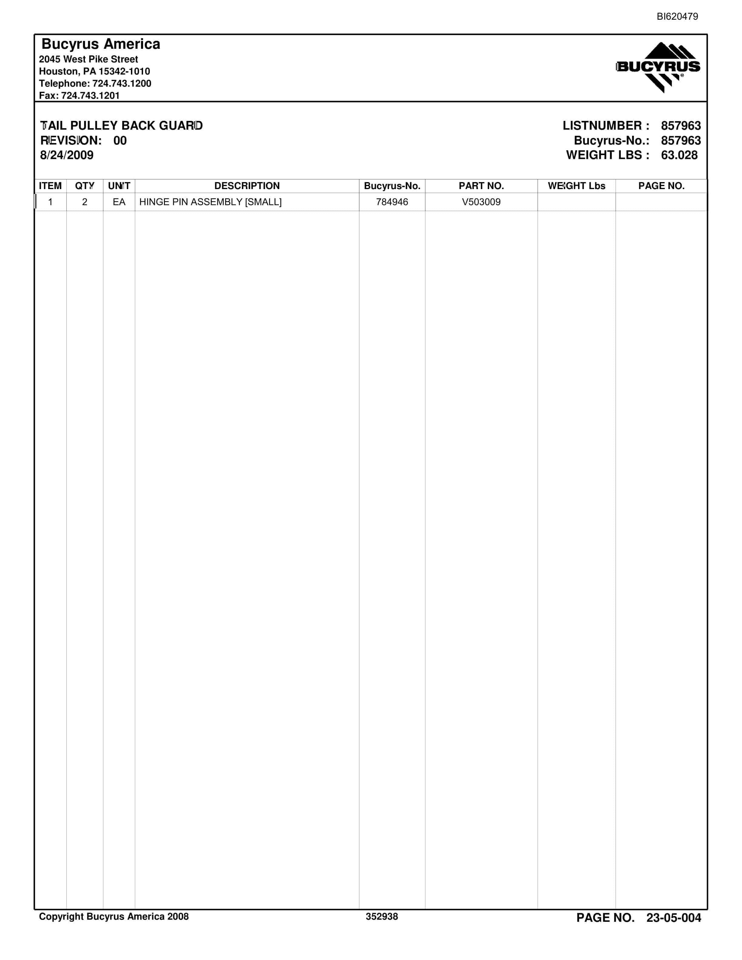 Bucyrus Belt System Parts And Service Manual BI620479-5