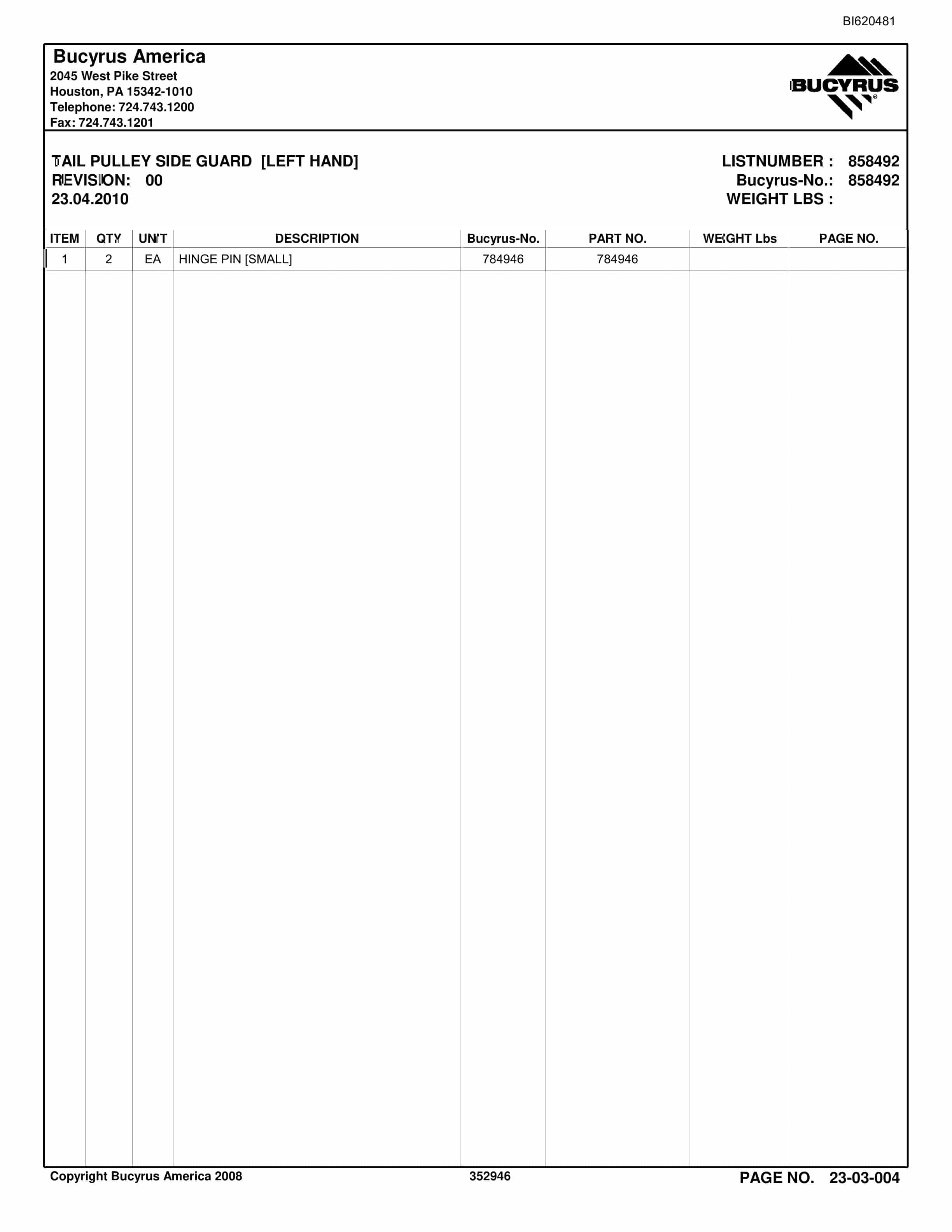 Bucyrus Belt System Parts And Service Manual BI620481-5