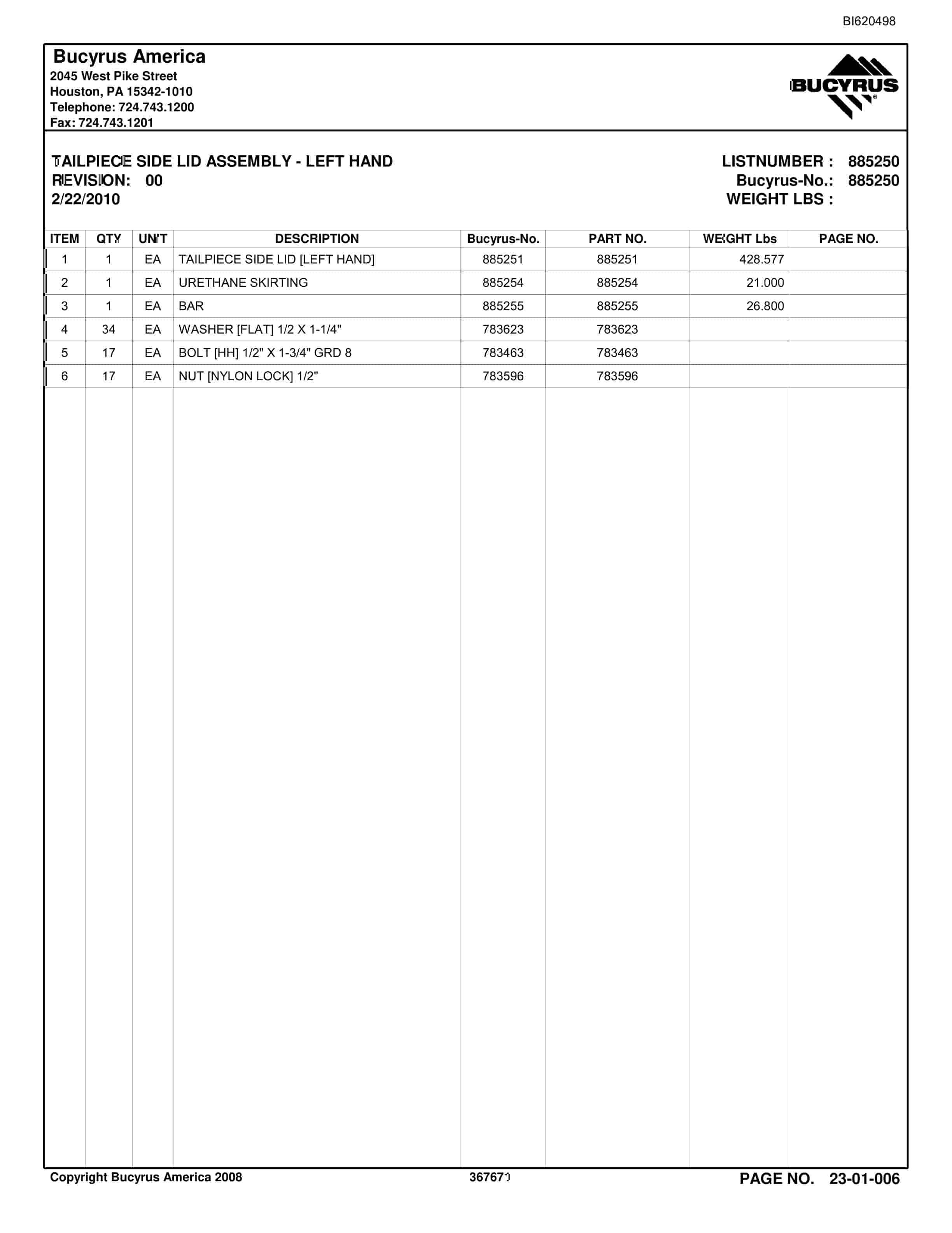 Bucyrus Belt System Parts And Service Manual BI620498-2