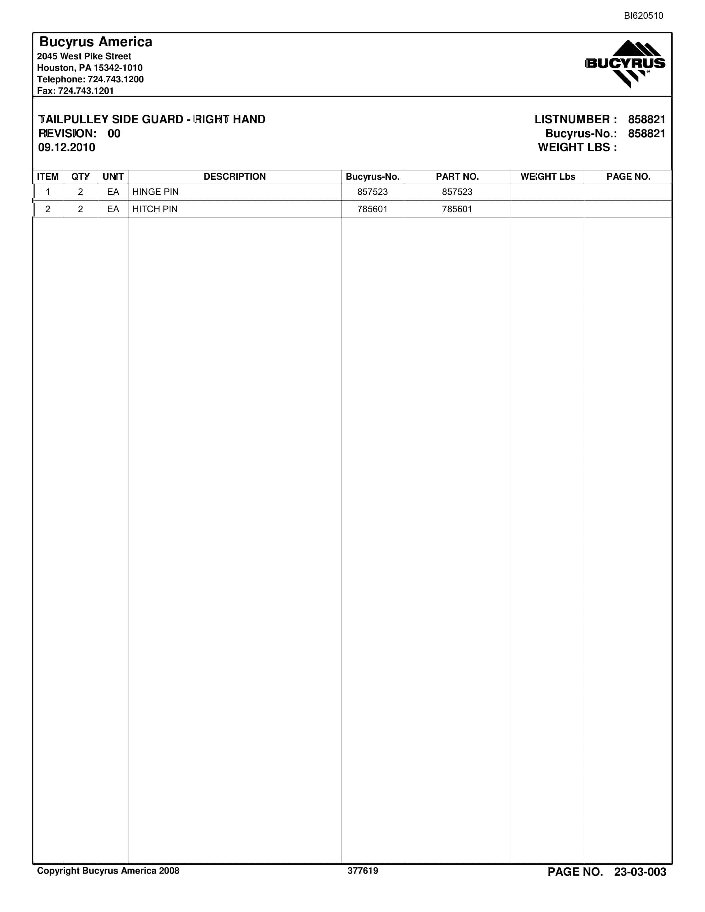Bucyrus Belt System Parts And Service Manual BI620510-5