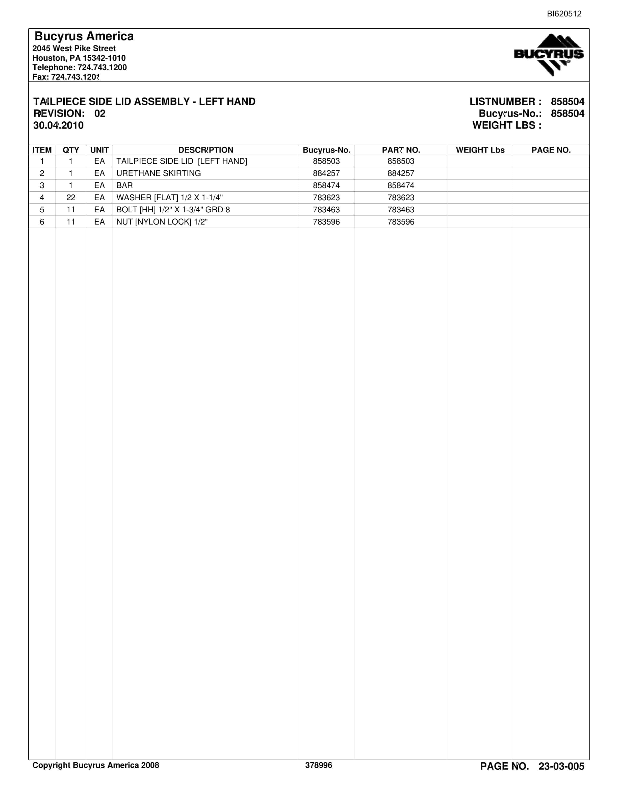 Bucyrus Belt System Parts And Service Manual BI620512-5
