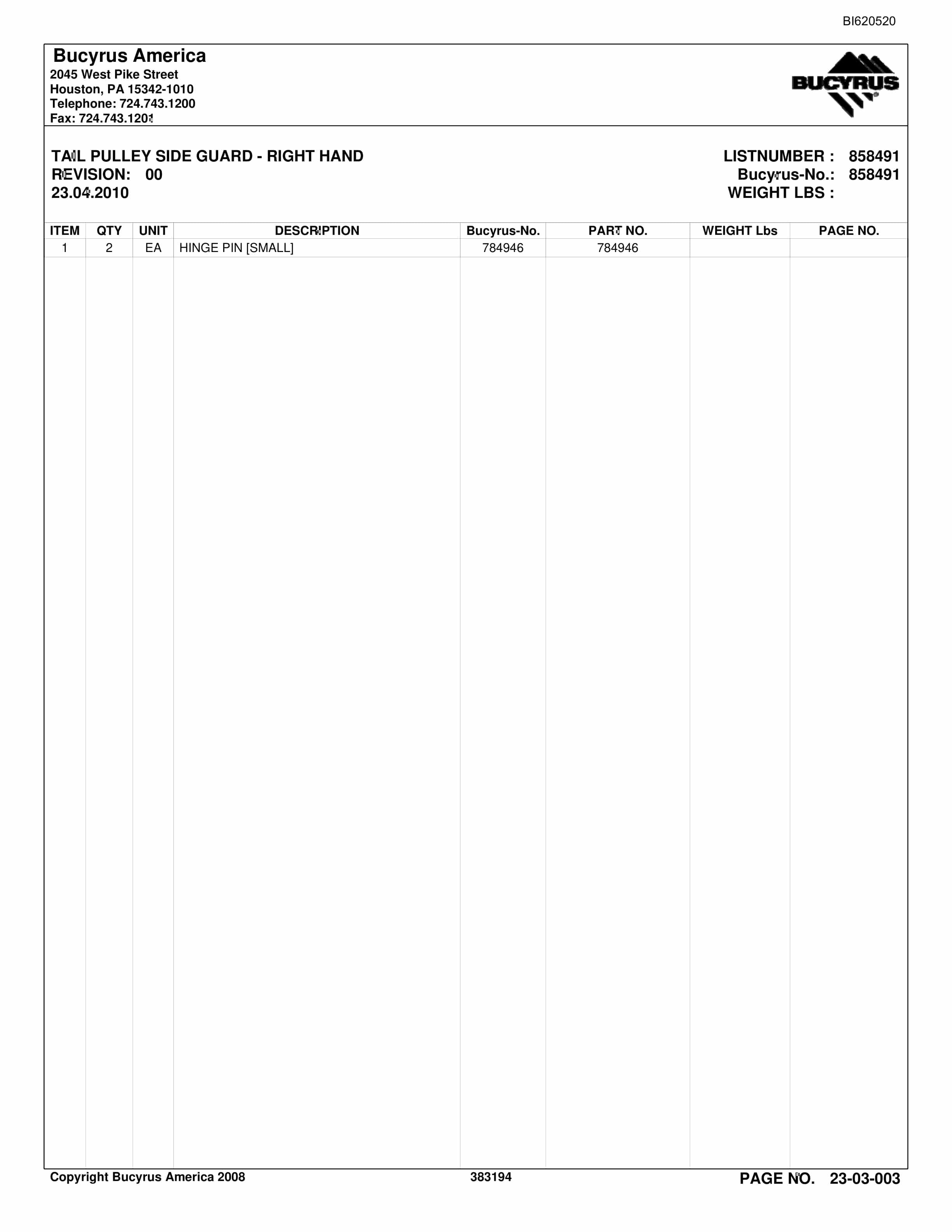 Bucyrus Belt System Parts And Service Manual BI620520-4
