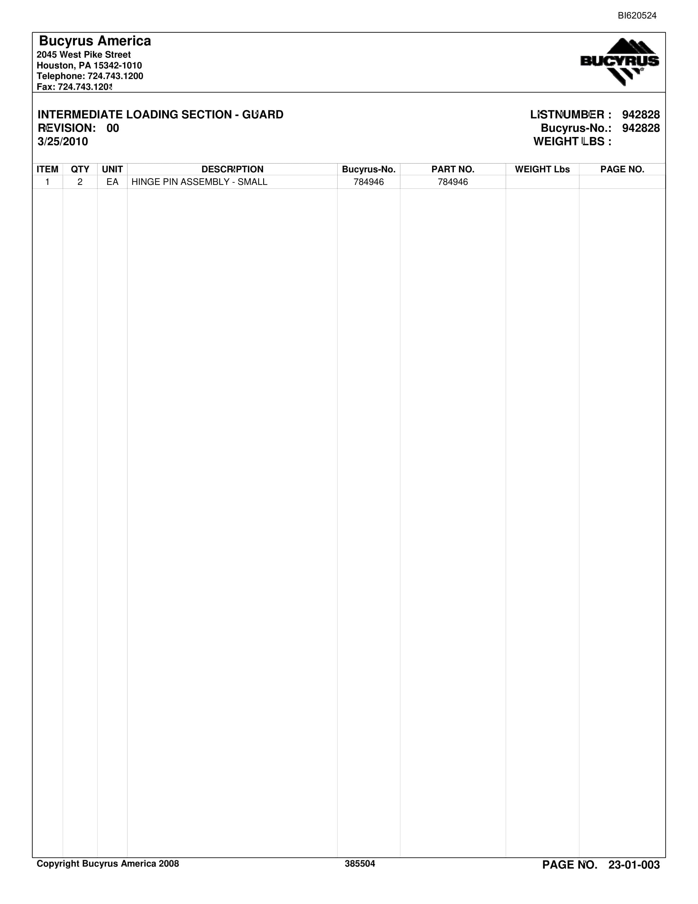 Bucyrus Belt System Parts And Service Manual BI620524-2