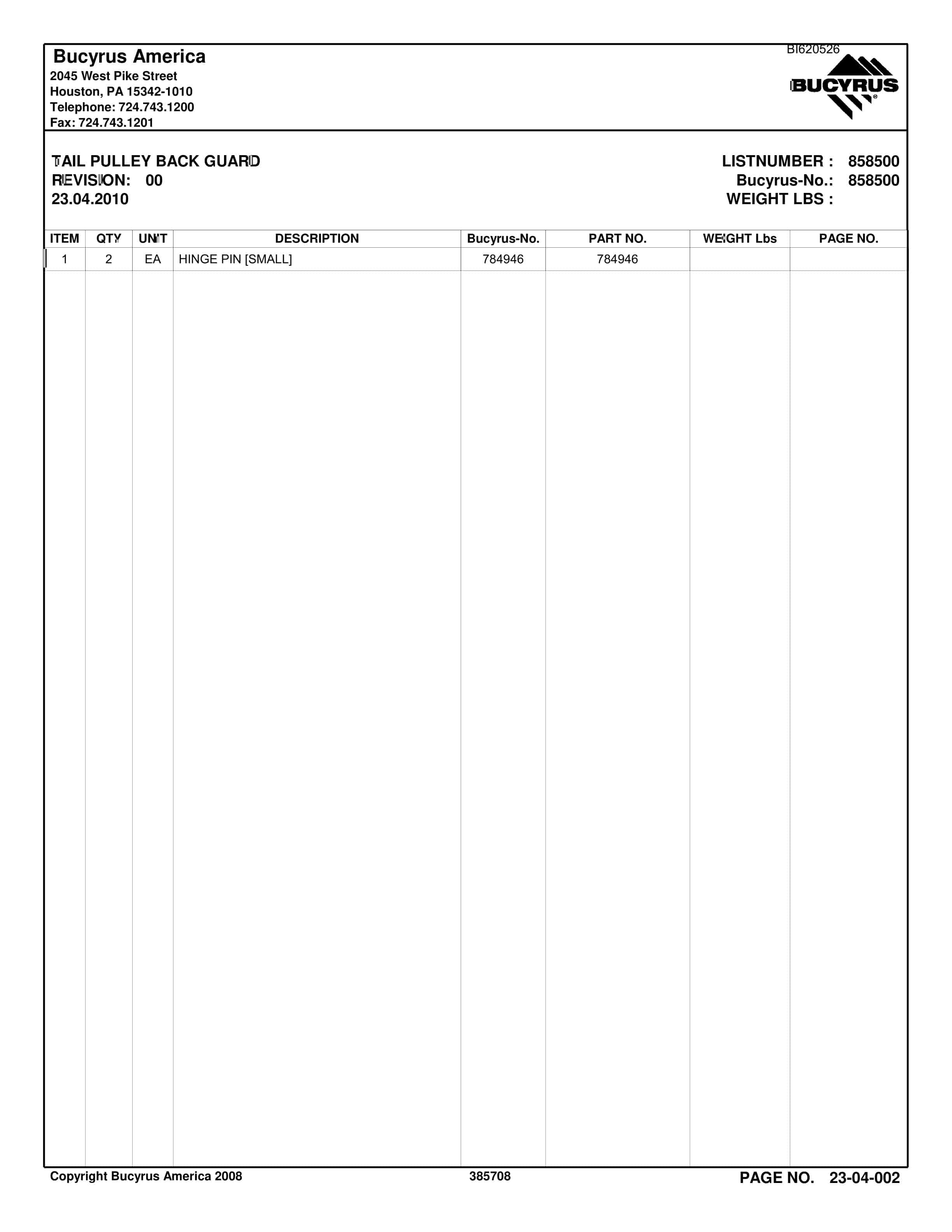 Bucyrus Belt System Parts And Service Manual BI620526-5