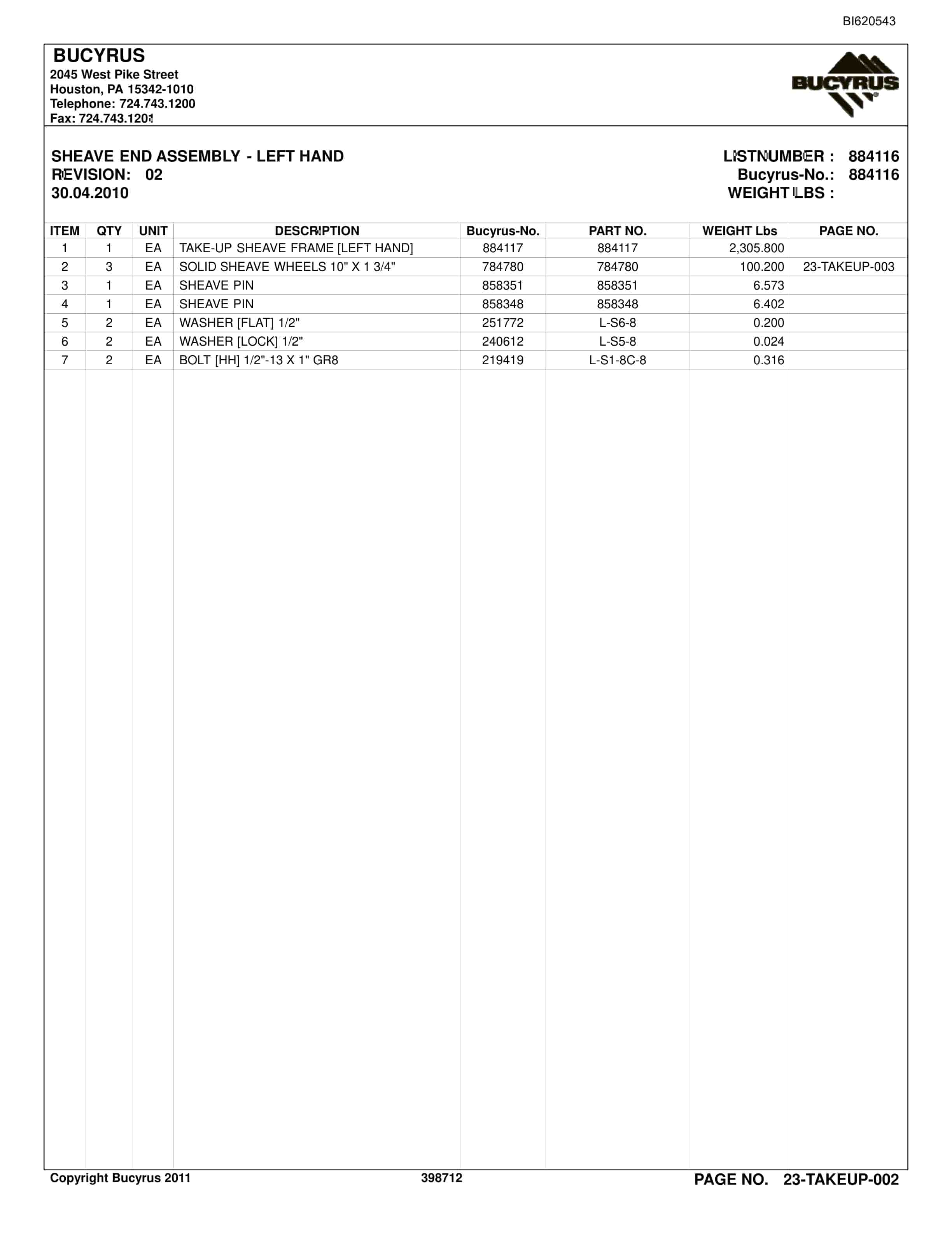 Bucyrus Belt System Parts And Service Manual BI620543-4
