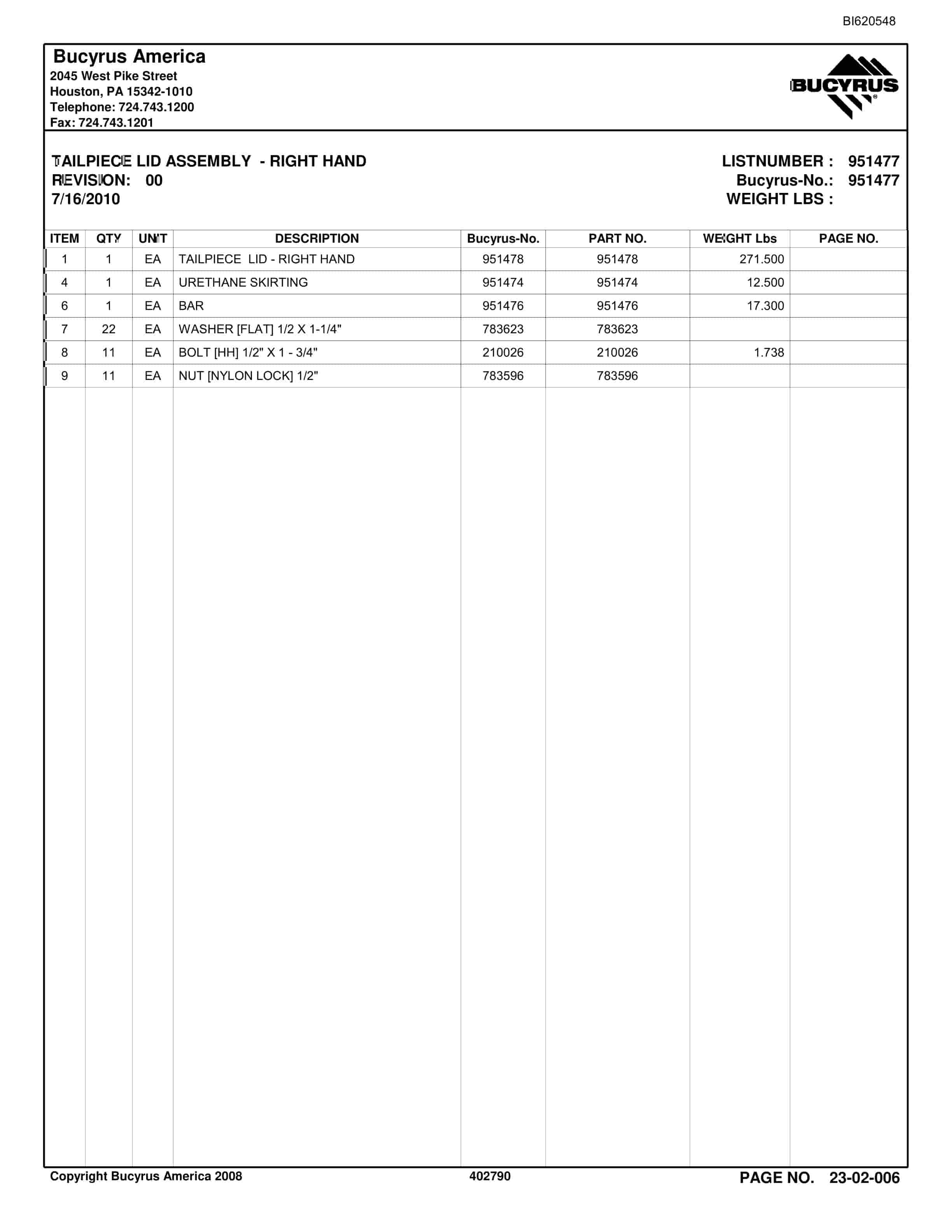 Bucyrus Belt System Parts And Service Manual BI620548-4