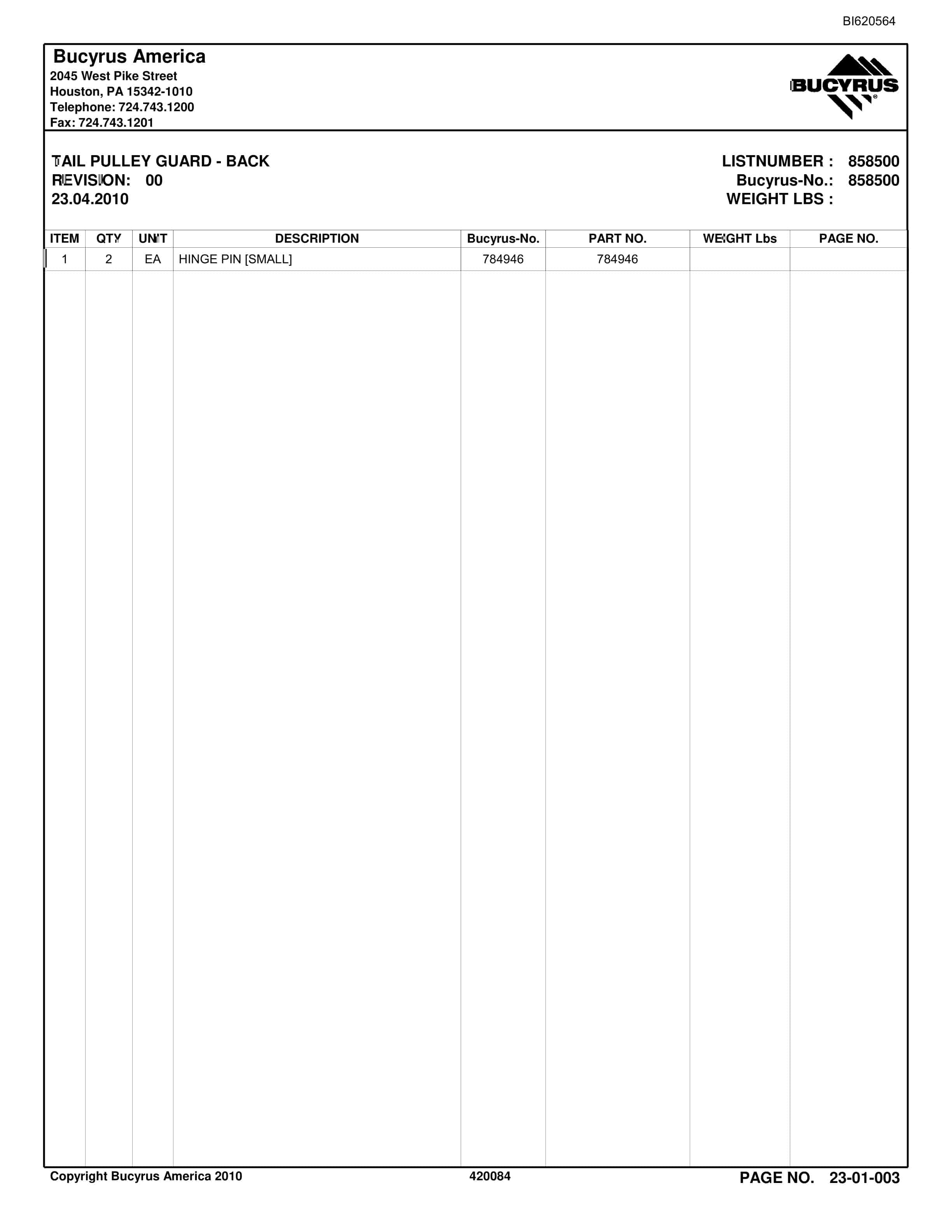 Bucyrus Belt System Parts And Service Manual BI620564-2